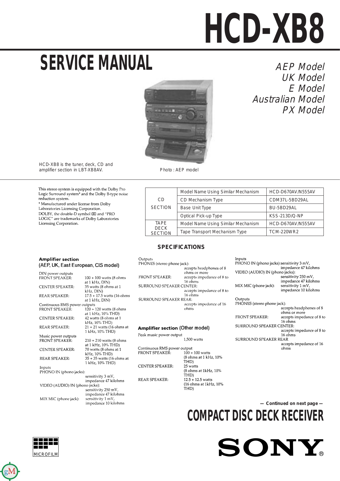 Sony HCD-XB8, LBT-XB8AV Schematic