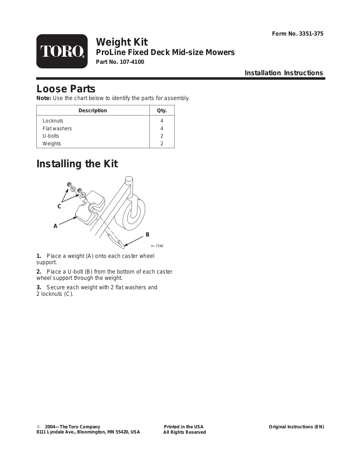 Toro 107-4100 Installation Instructions