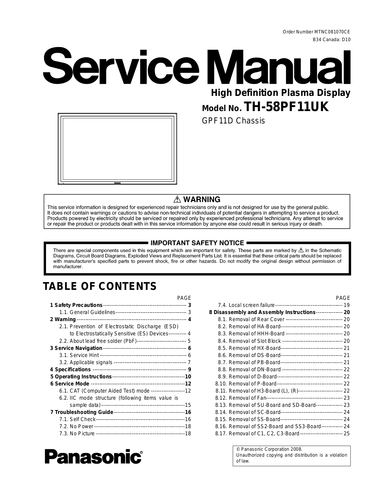 Panasonic TH-58PF11UK Service manual