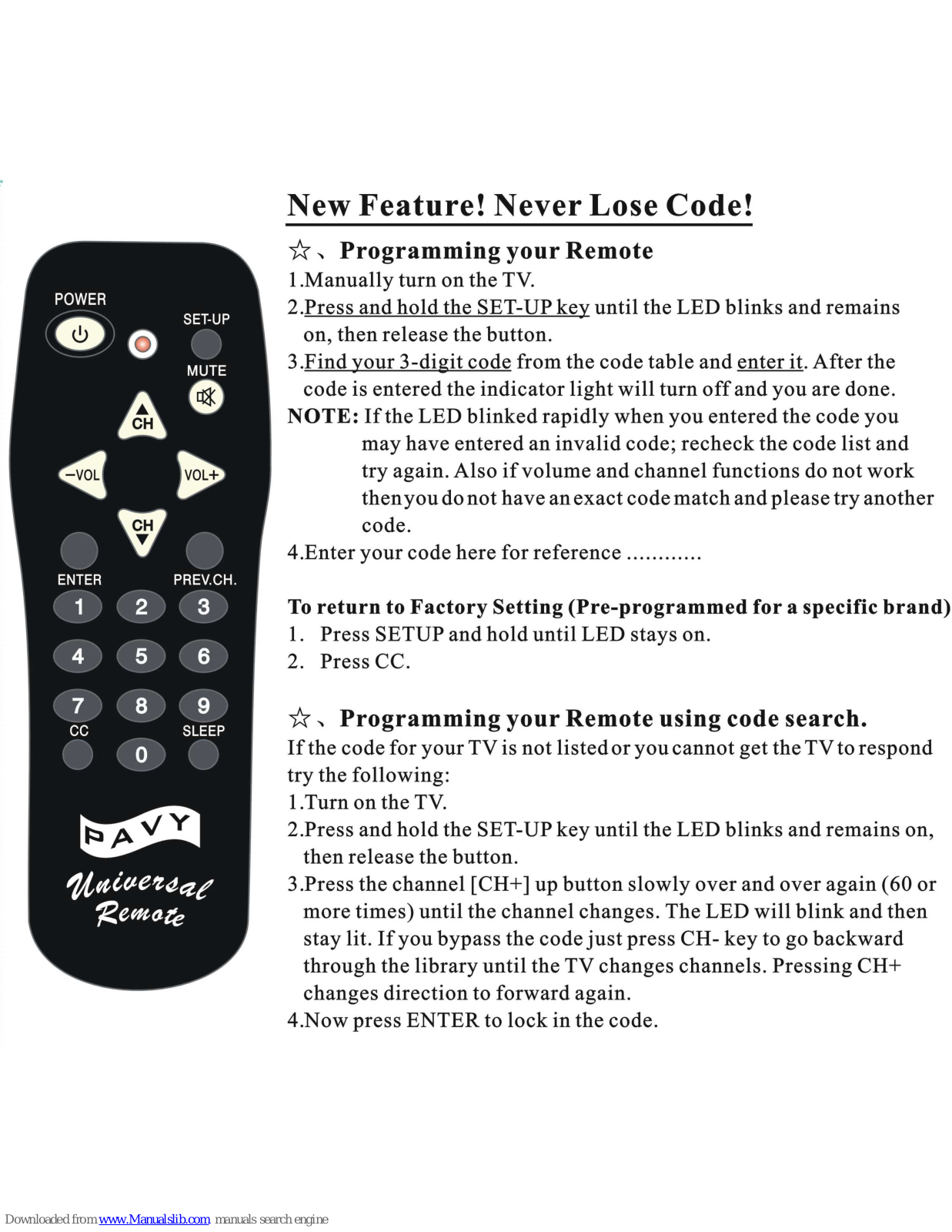 Pavy PV-11 Programming Manual