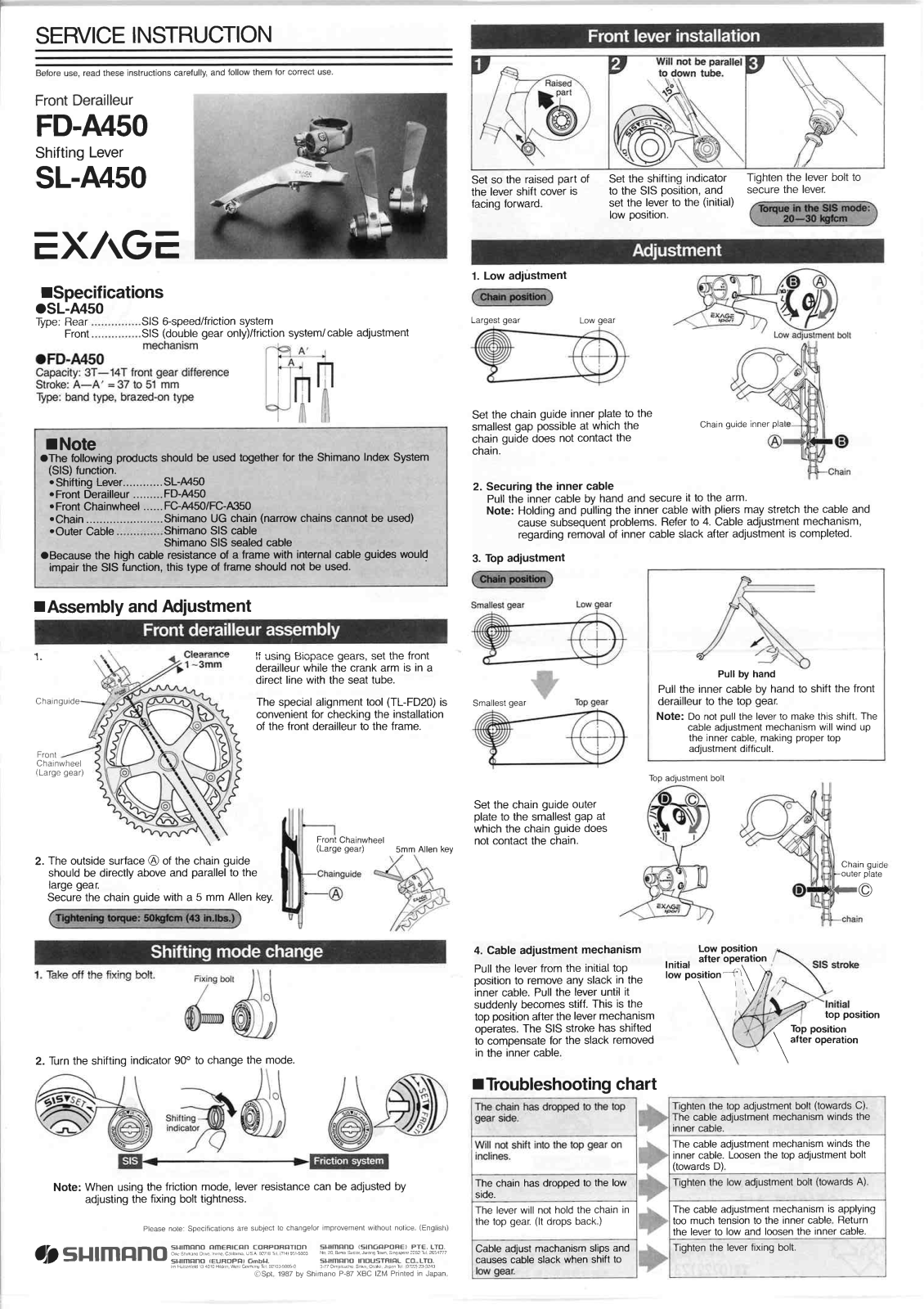 Shimano FD-A450, SL-A450 Service Instructions - ManualMachine.com