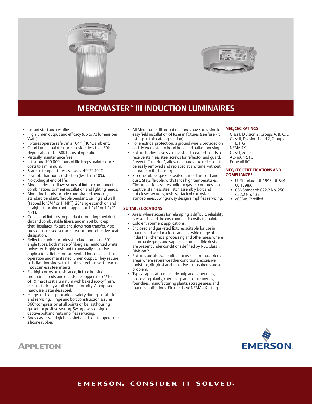 Appleton MERCMASTER™ III INDUCTION LUMINAIRES Data Sheet