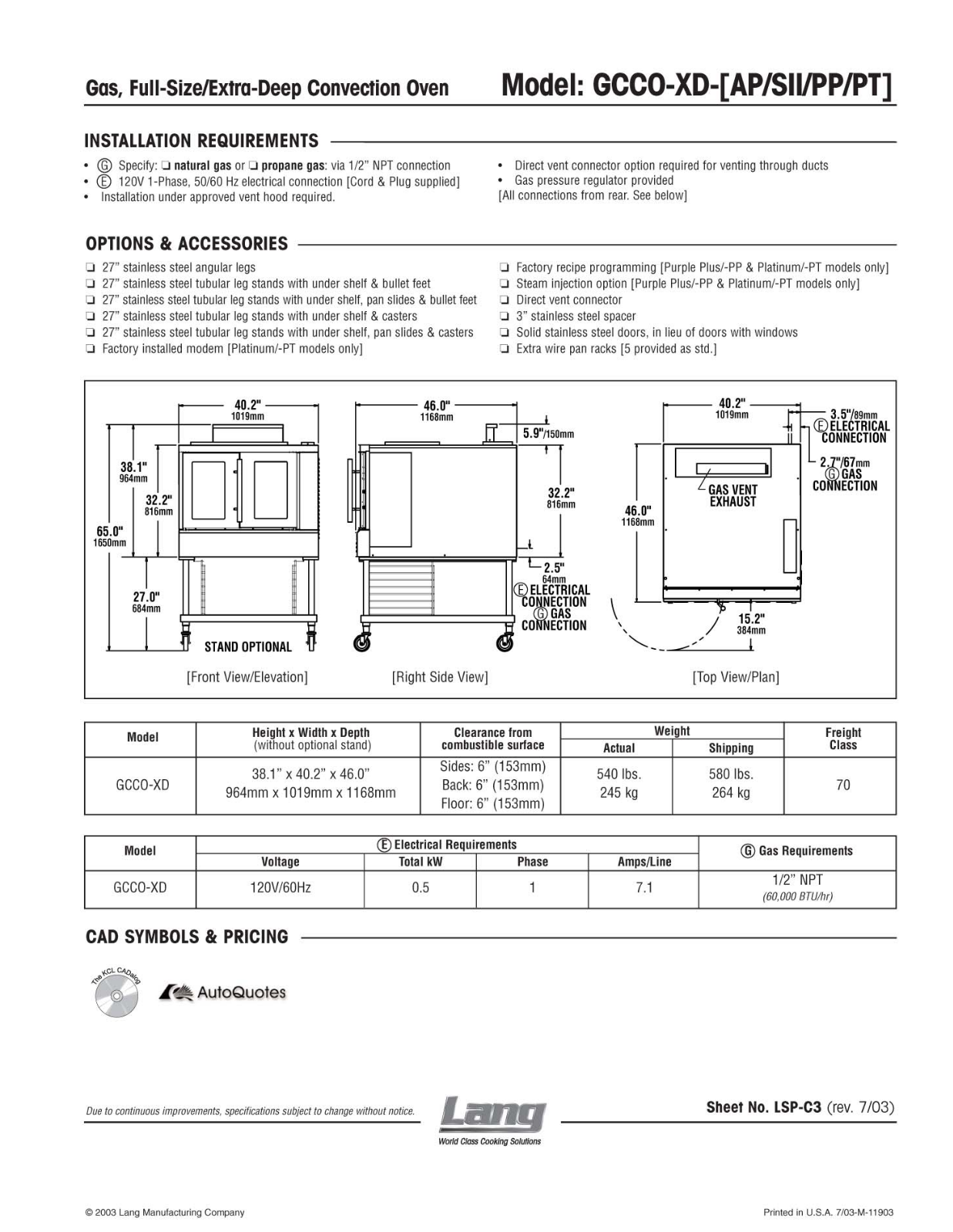 Lang Manufacturing GCCO-XD-AP User Manual