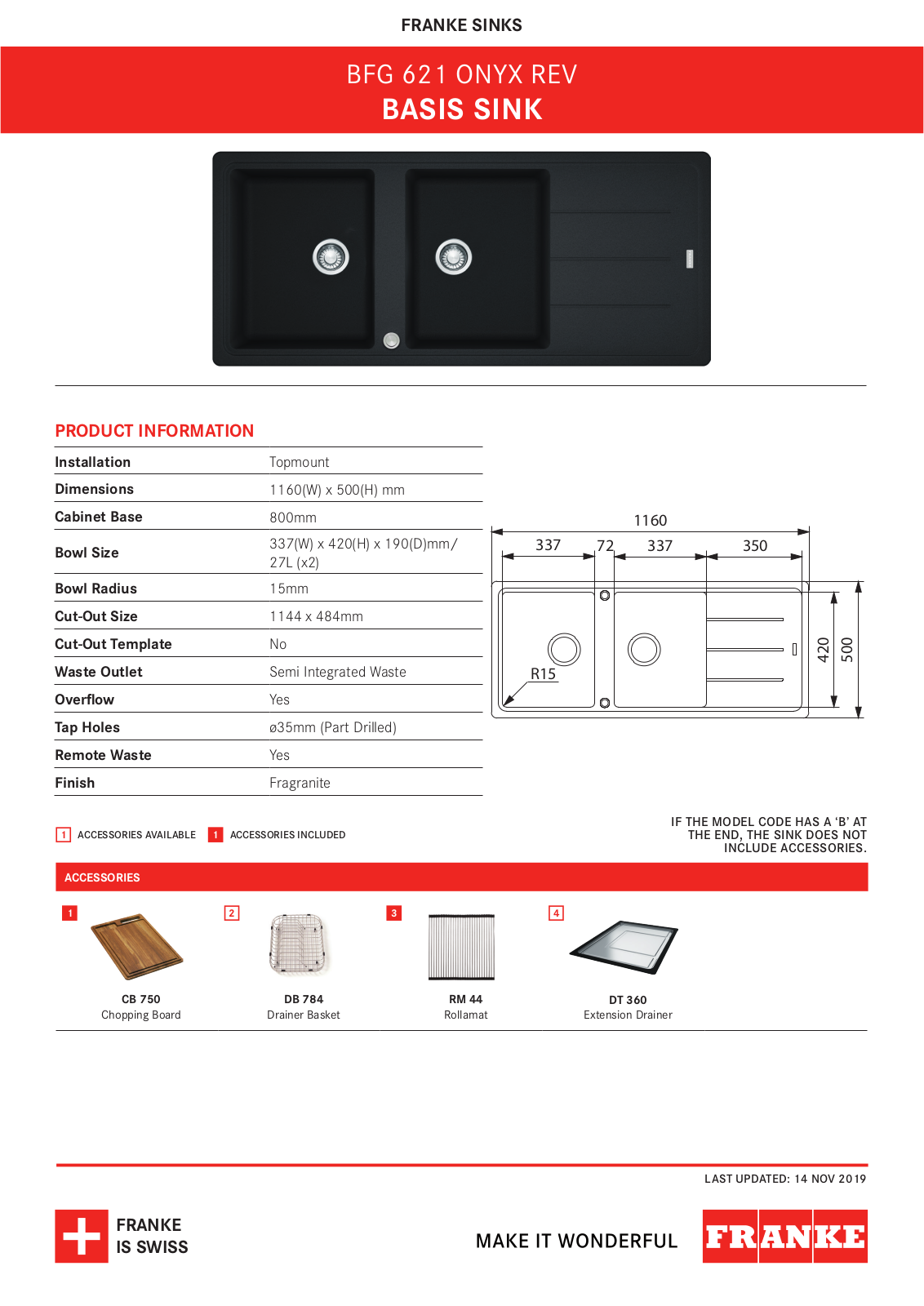 Franke BFG621ONYX Specifications Sheet