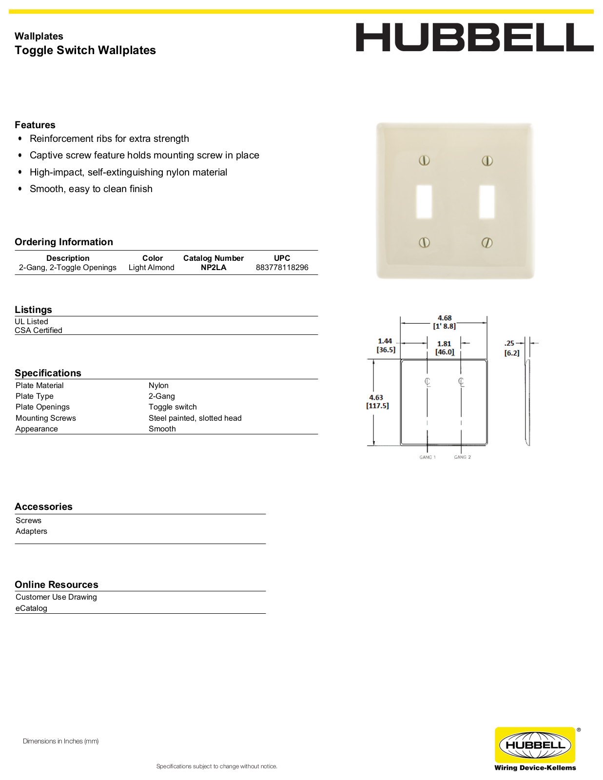 Hubbell NP2LA Specifications