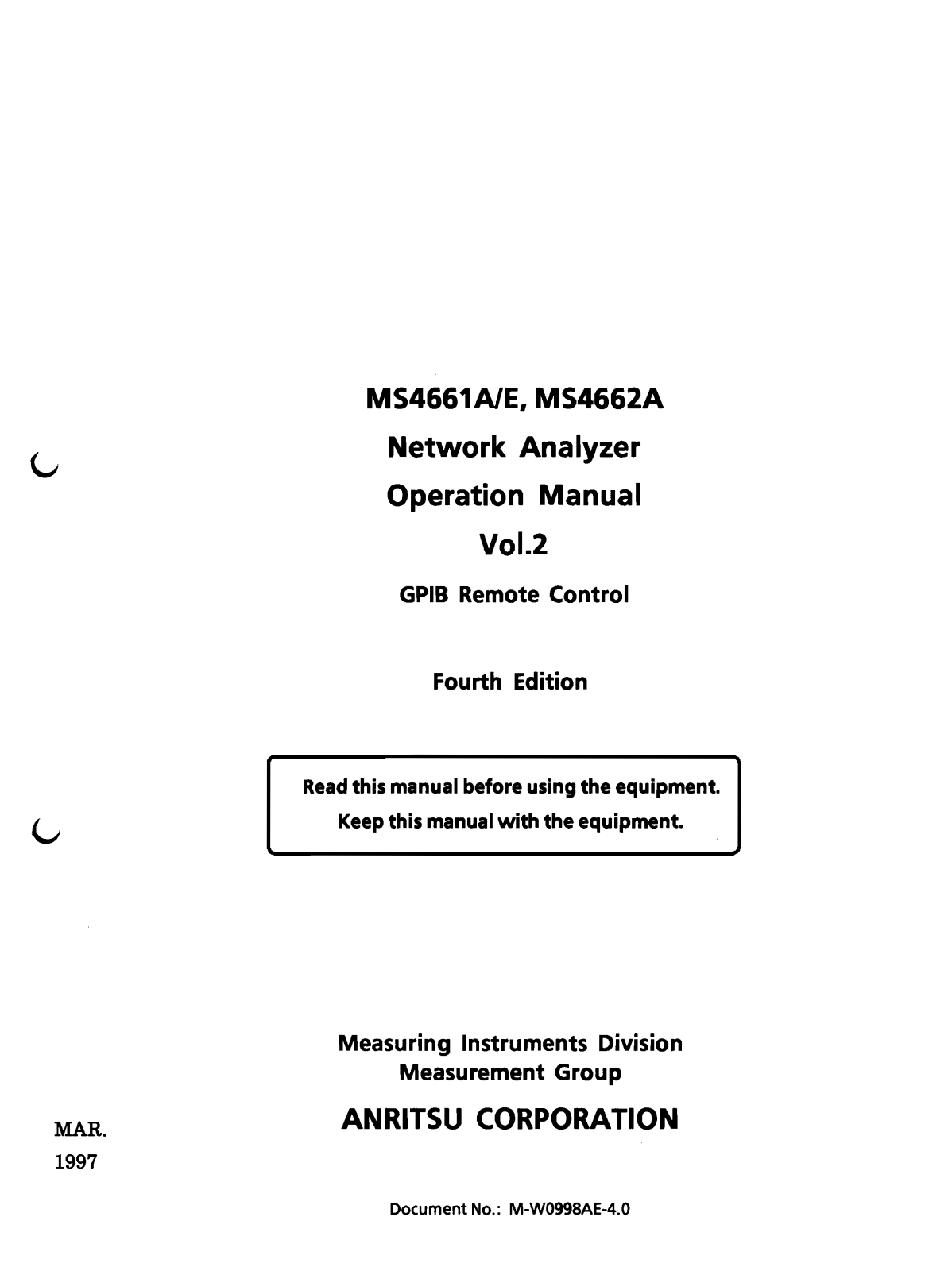 Anritsu MS4661E, MS4662A, MS4661A User Manual