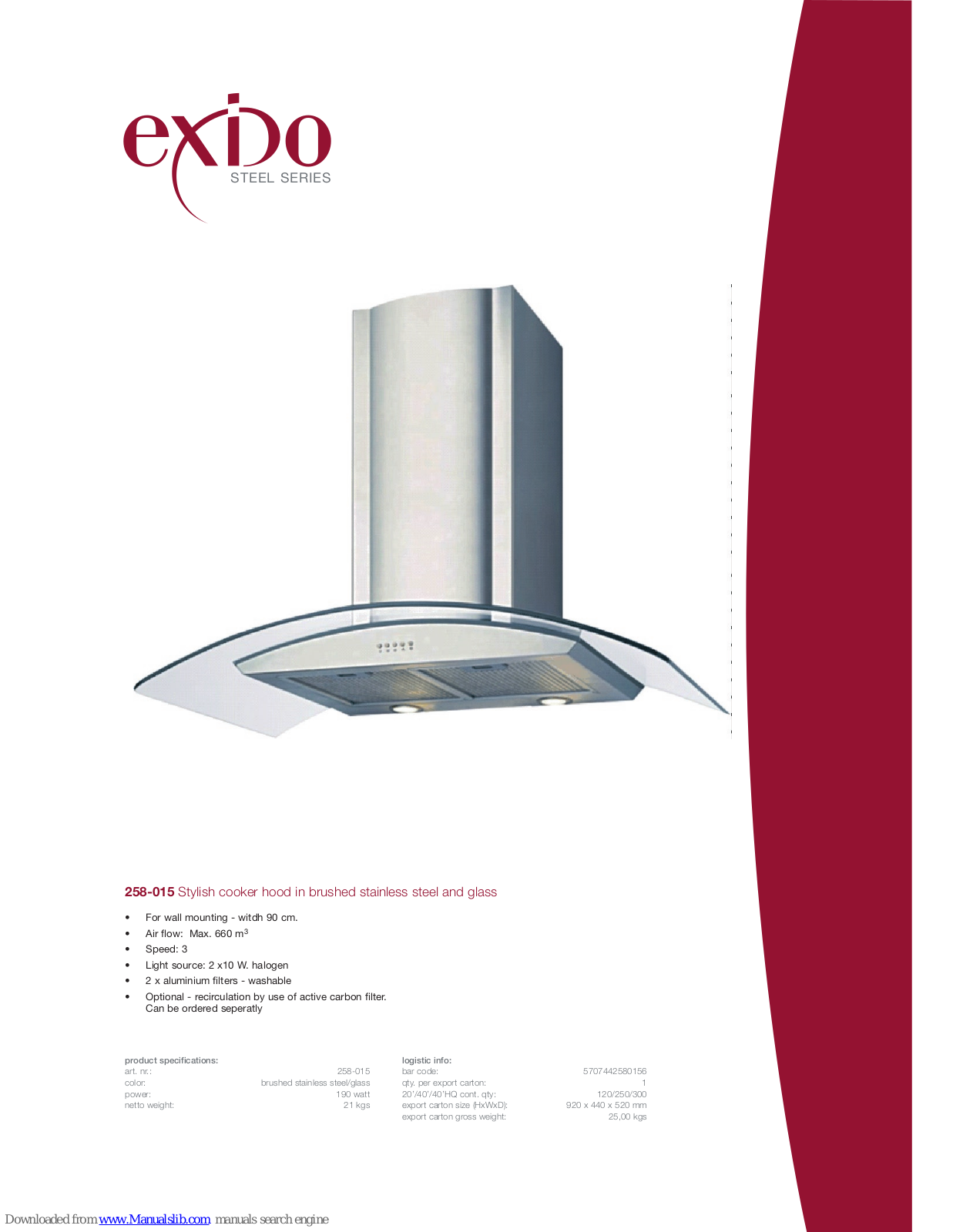 Exido Stylish Cooker Hood 258-015, 258-015 Specification Sheet