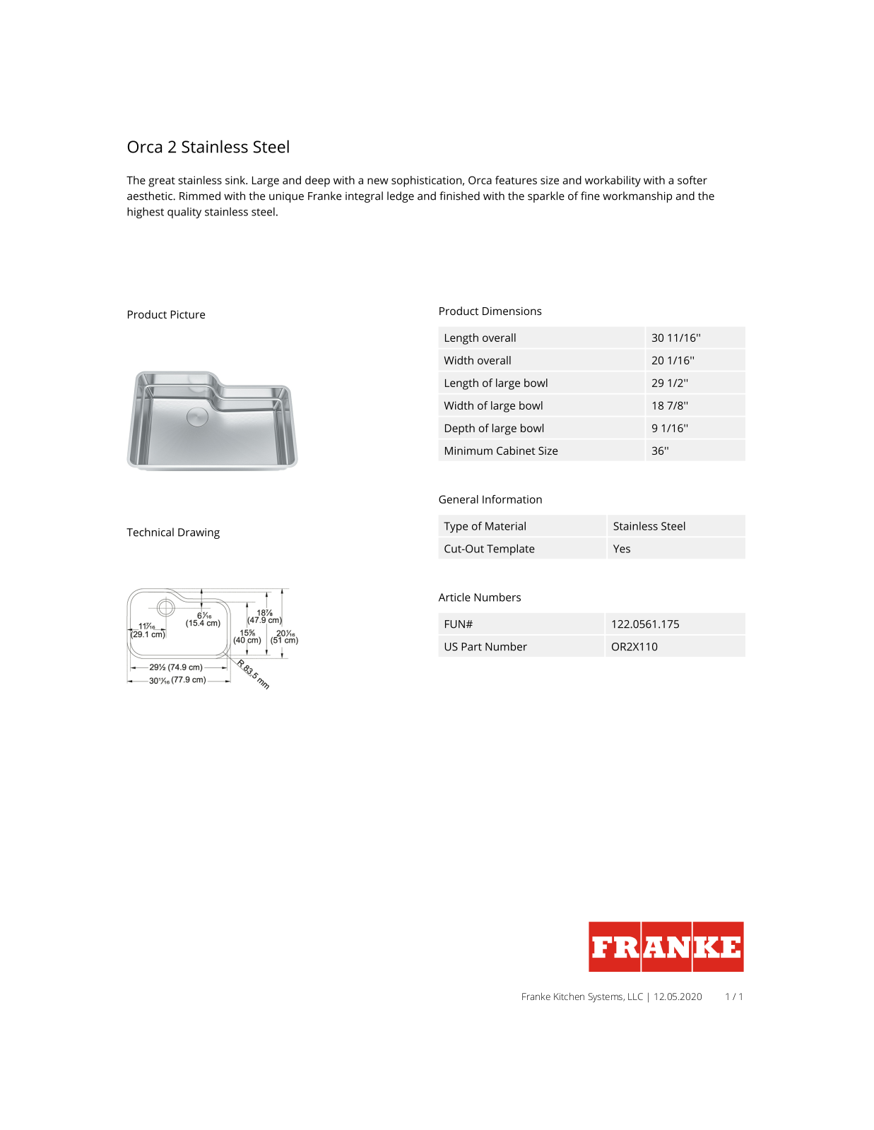 Franke OR2X110 Specification Sheet