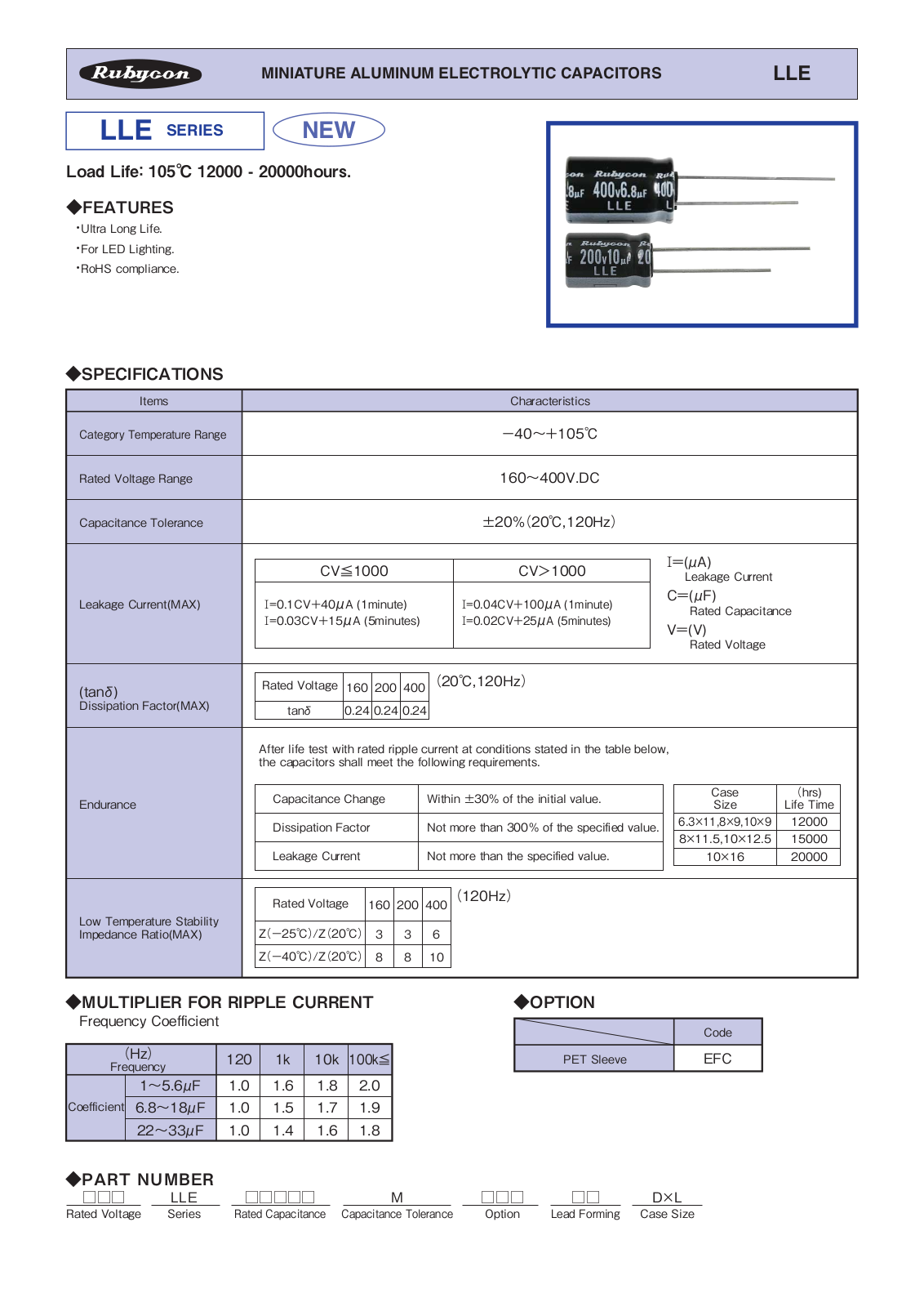Datasheet Rubycon [radial thru-hole] LLE Series Datasheet - ManualMachine.com