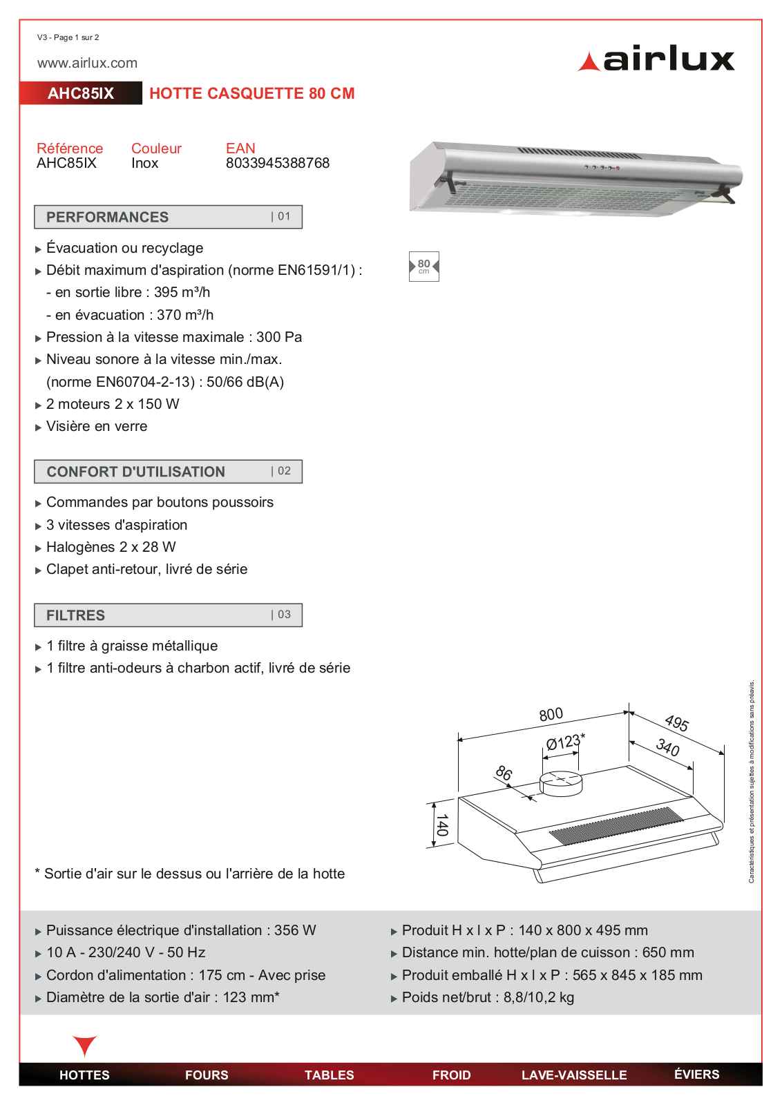 Airlux AHC85IX product sheet