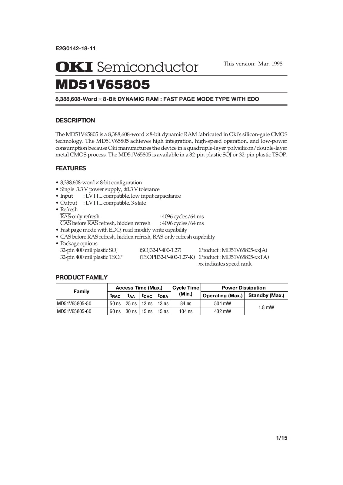 OKI MD51V65805-50TA, MD51V65805-60JA, MD51V65805-60TA, MD51V65805-50JA Datasheet