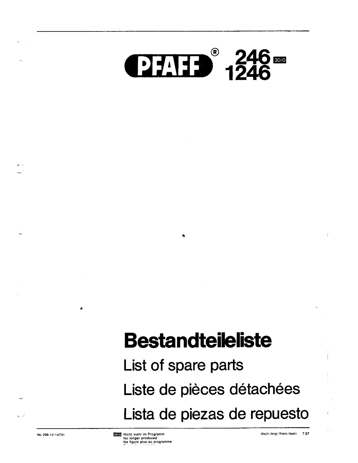 Pfaff 246 30/0 Parts List