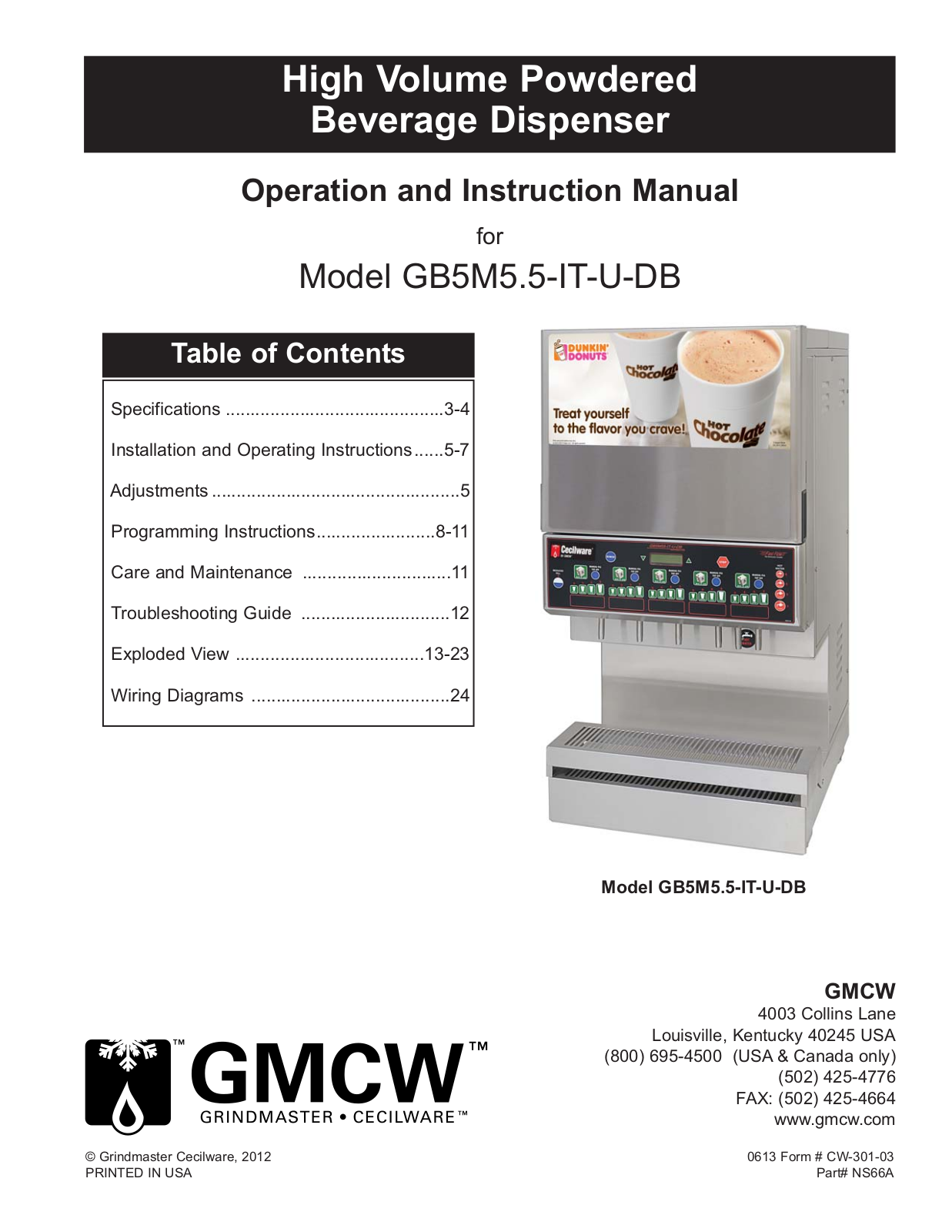 Grindmaster GB5M5.5-IT-U-DB Service Manual