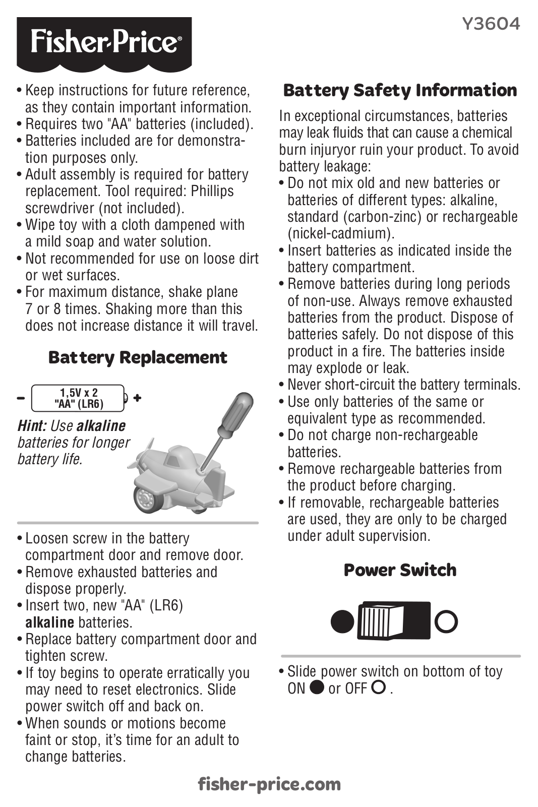 Fisher-Price Y3604 Instruction Sheet