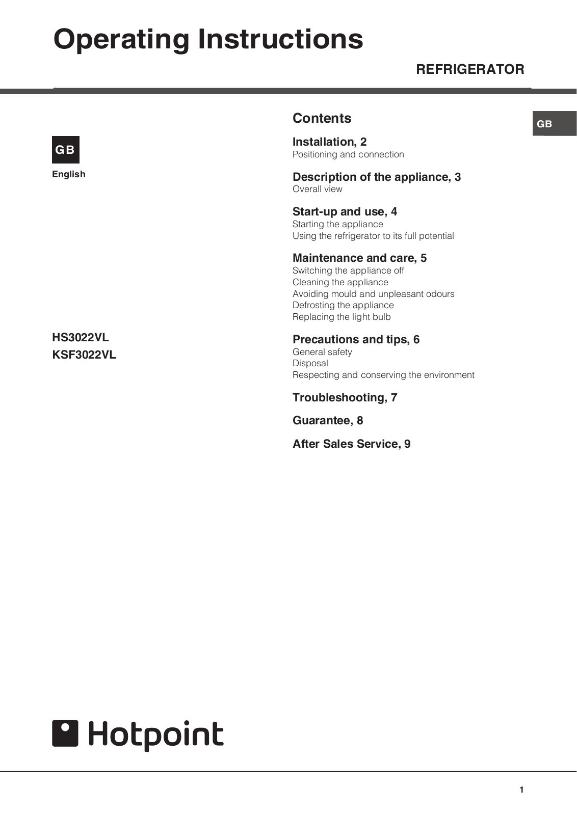 Hotpoint KSF3022VL User Manual