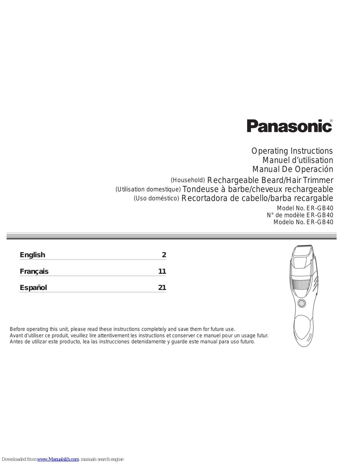 Panasonic ER-GB40-S, ER-GB40 Operating Instructions Manual