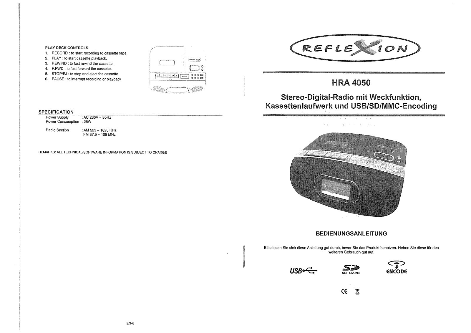 Reflexion HRA-4050 User manual