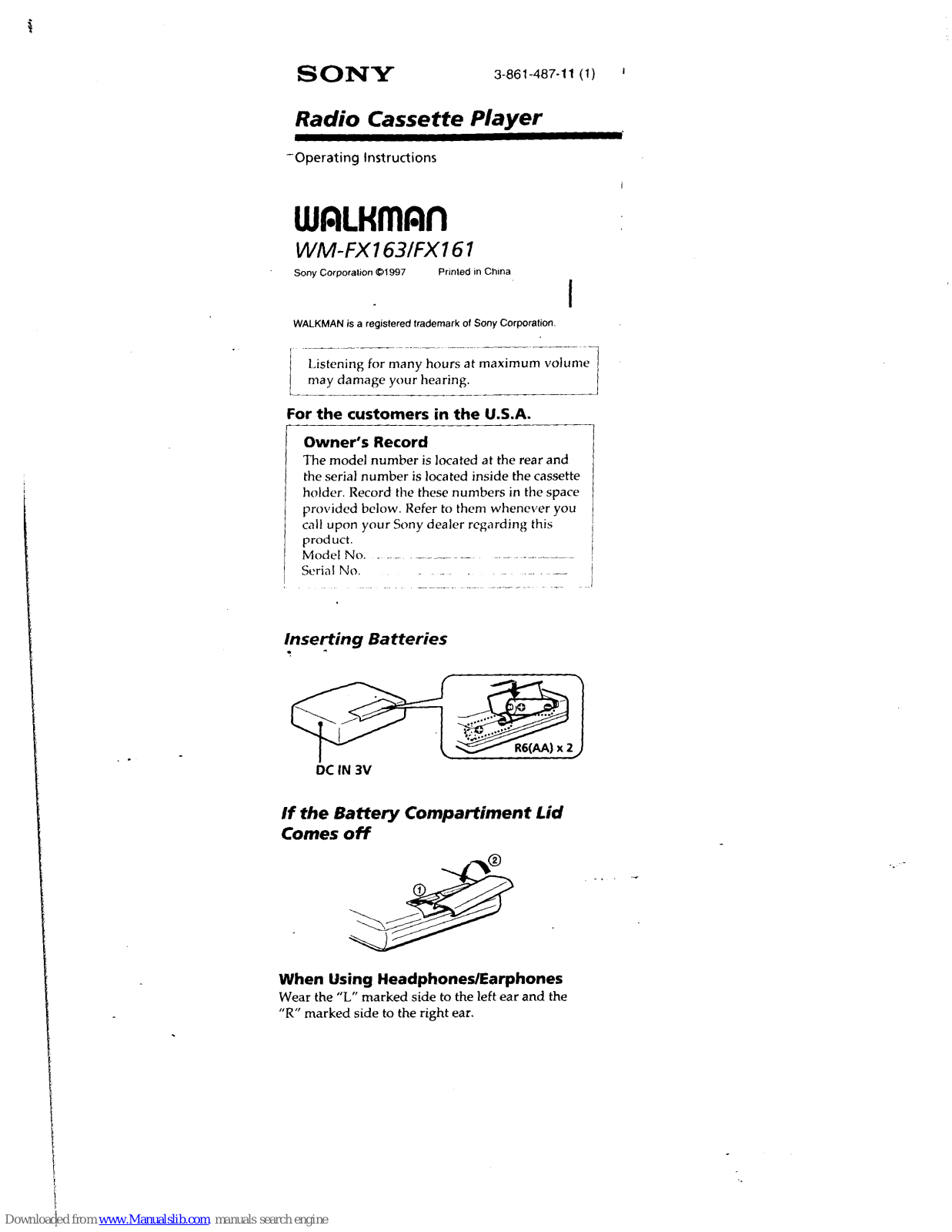 Sony WALKMAN WM-FX163, WALKMAN WM-FX161 Operating Instructions Manual