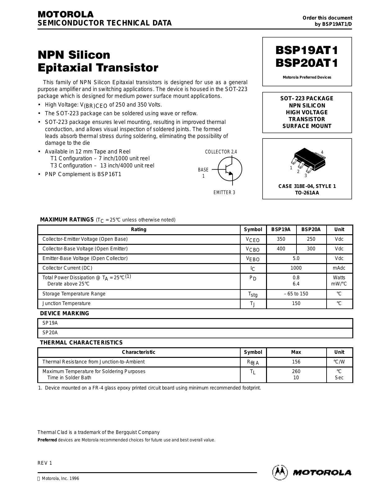 Motorola BSP20AT1, BSP19AT1 Datasheet