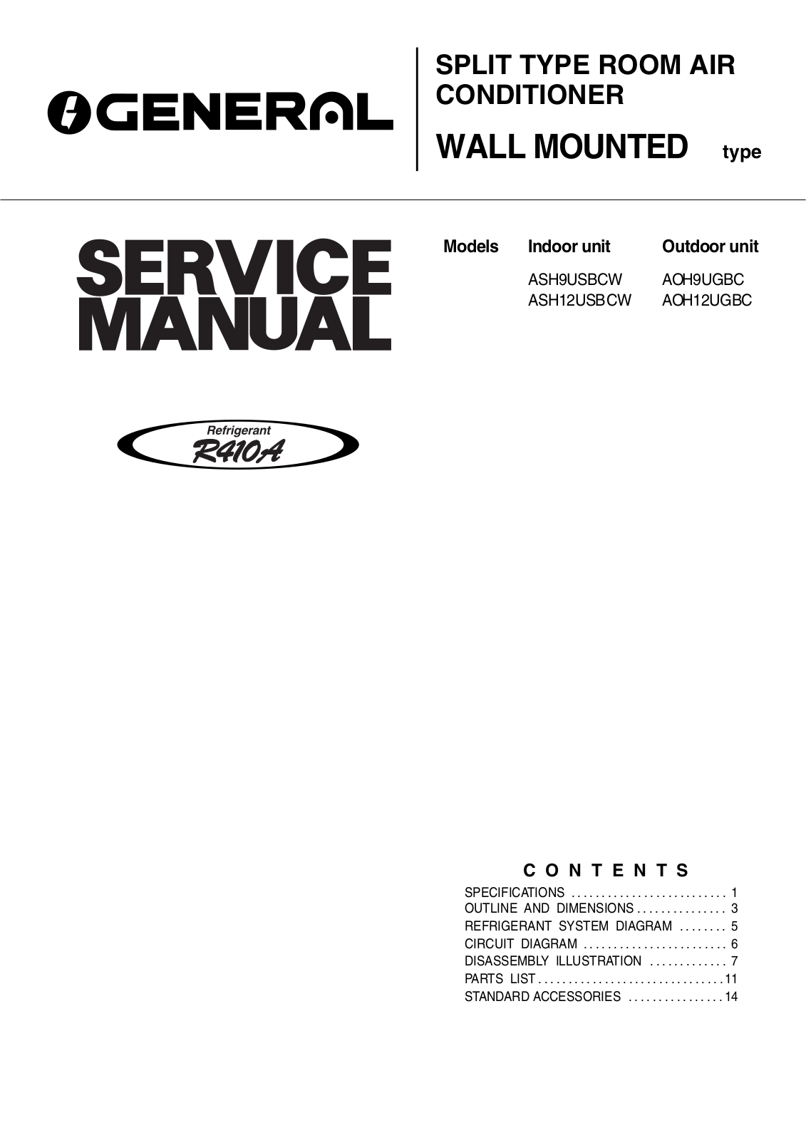 General ASH12UB, ASH12USBCW, AOH12UGBC, ASH9UB, ASH9USBCW Service Manual