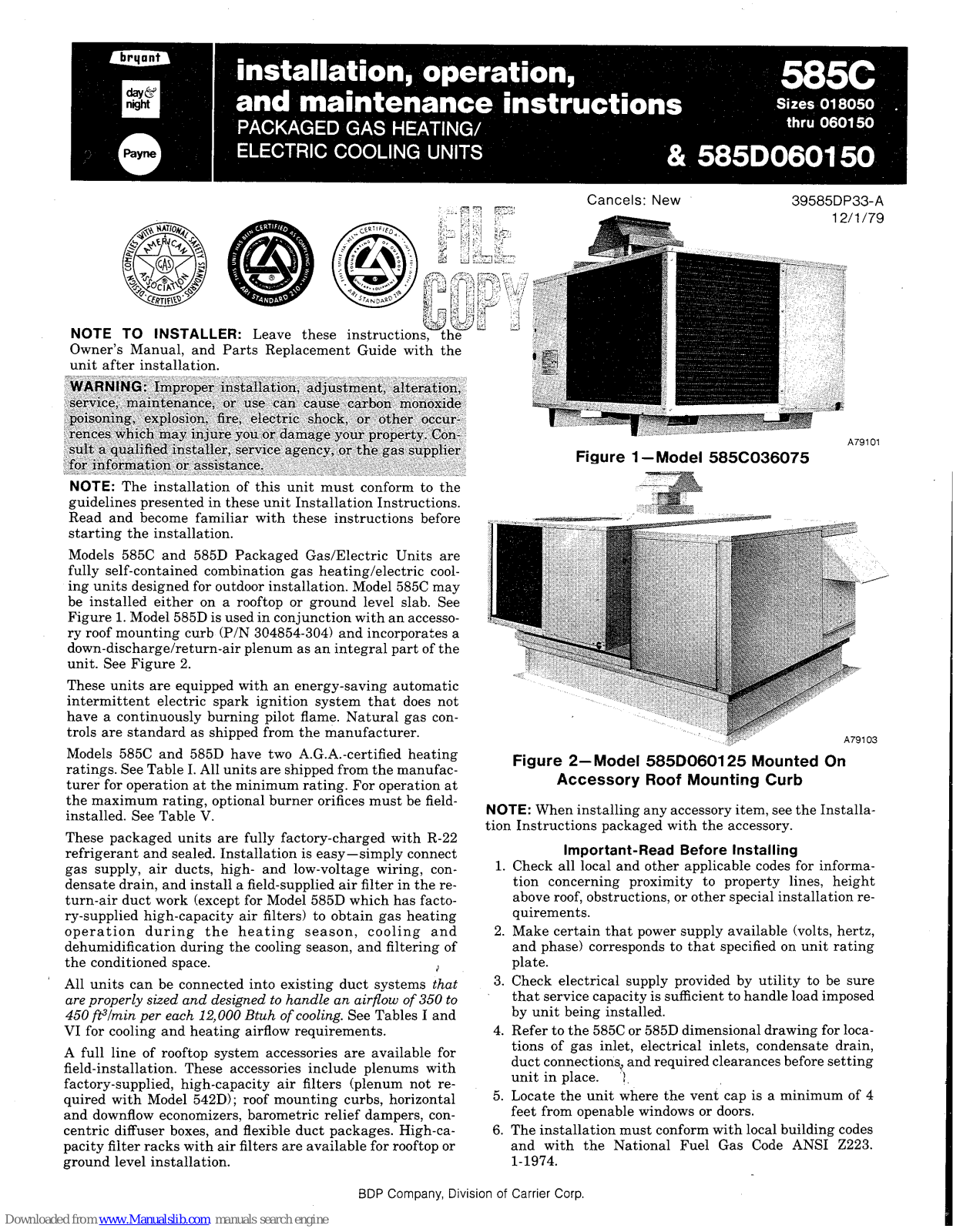 Bryant 585C Series, 585D060150 Installation, Operation And Maintenance Instructions