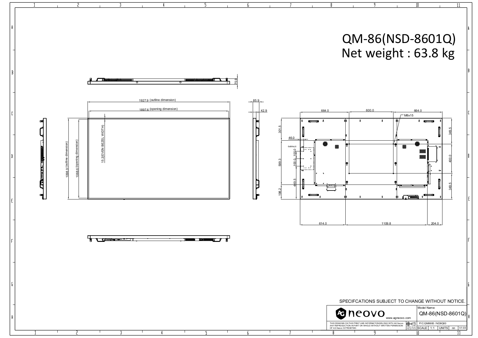 AG neovo QM-86 Dimensional drawing