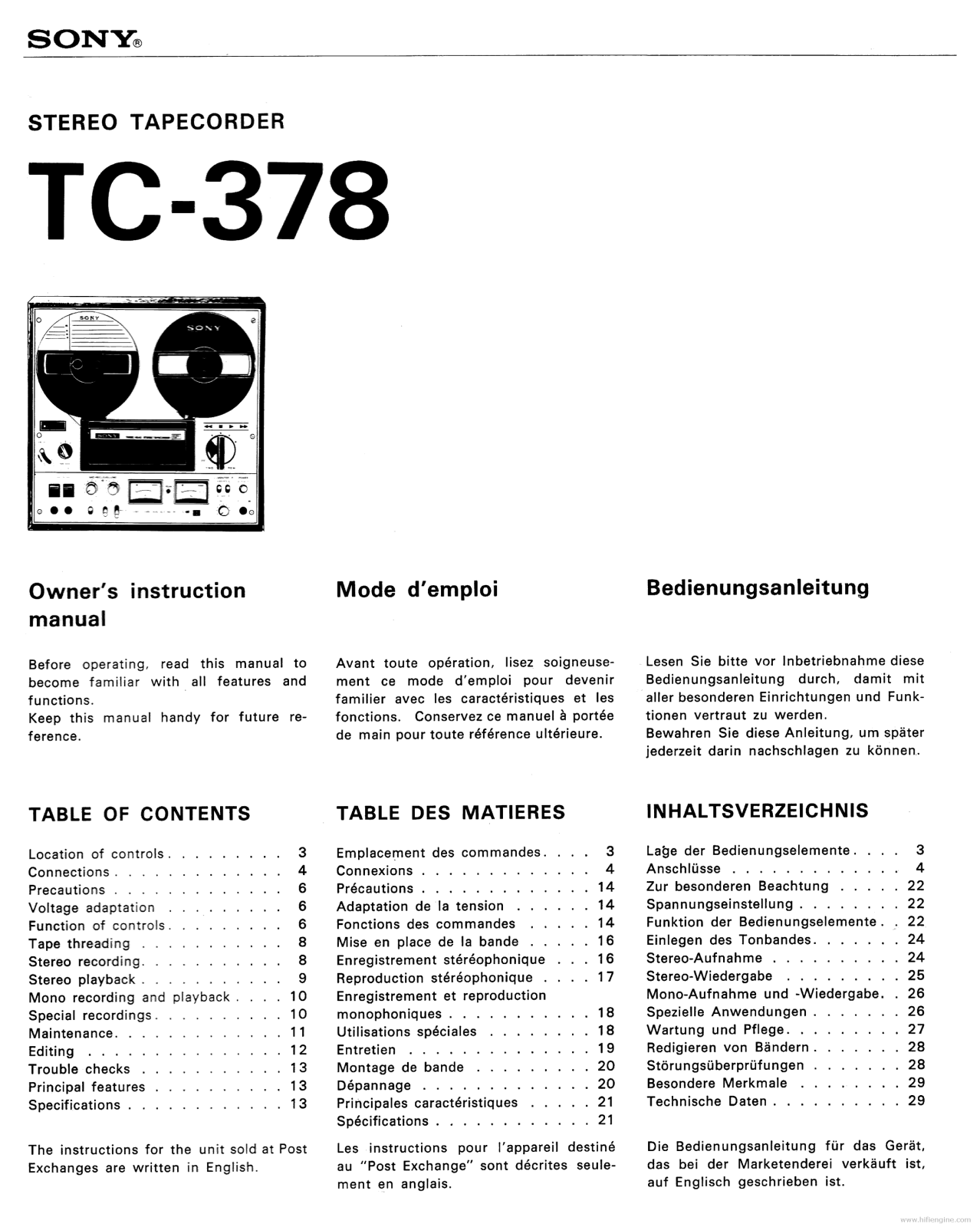 Sony tc-378 Owner's Manual