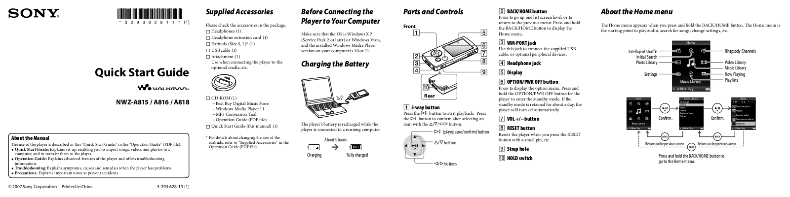 Sony Walkman NWZ-A815, Walkman NWZ-A816, Walkman NWZ-A818 Quick Start Manual