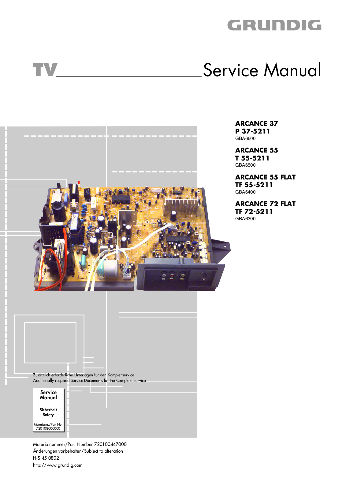 Grundig ARCANCE 37, ARCANCE 55 FLAT, ARCANCE 55, ARCANCE 72 FLAT, P 37-5211 Service Manual
