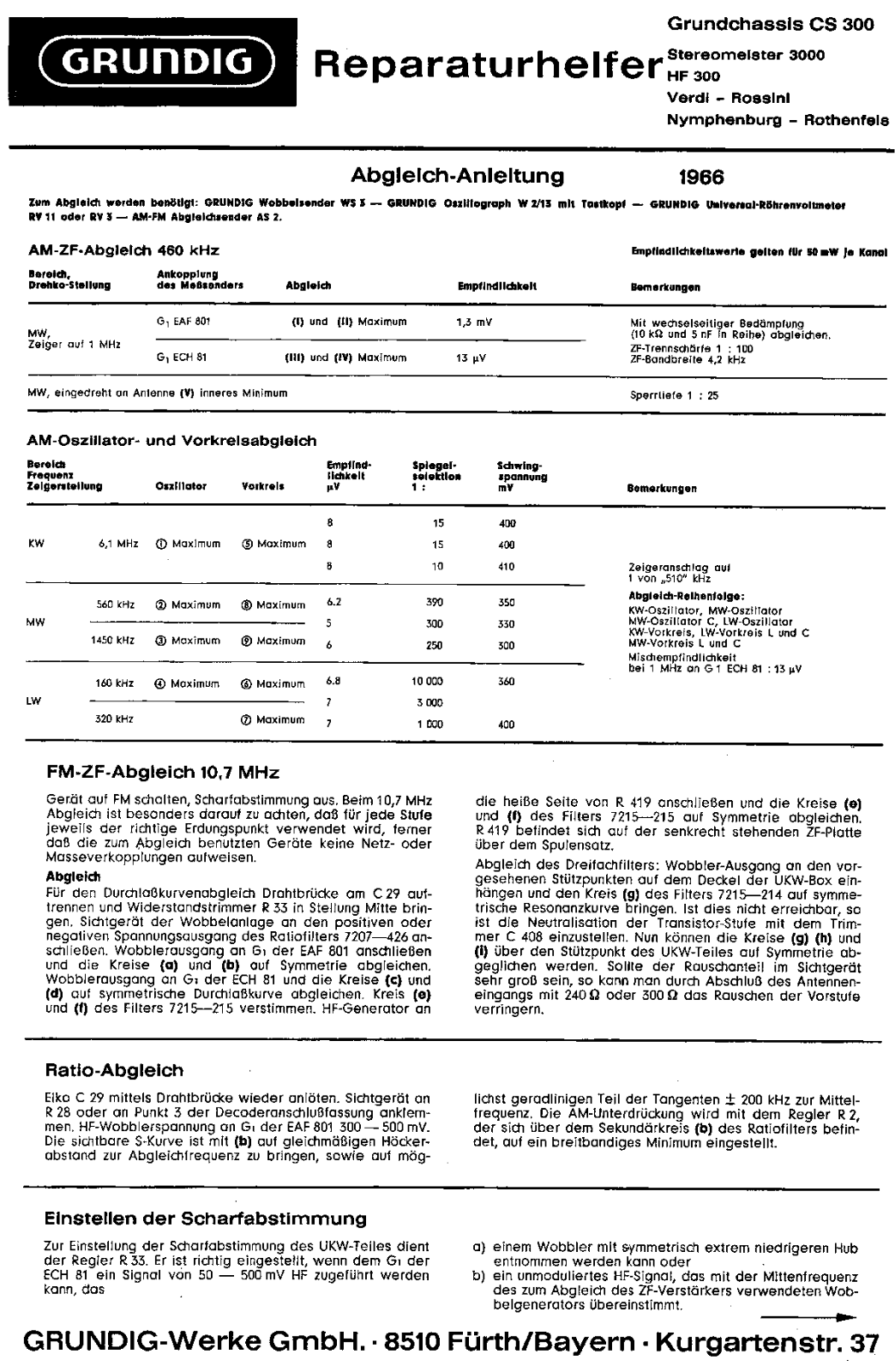 Grundig VERDI, Stereomeister-3000, Rothenfels, Rossini, MV-4-NYMPHENBURG Service Manual