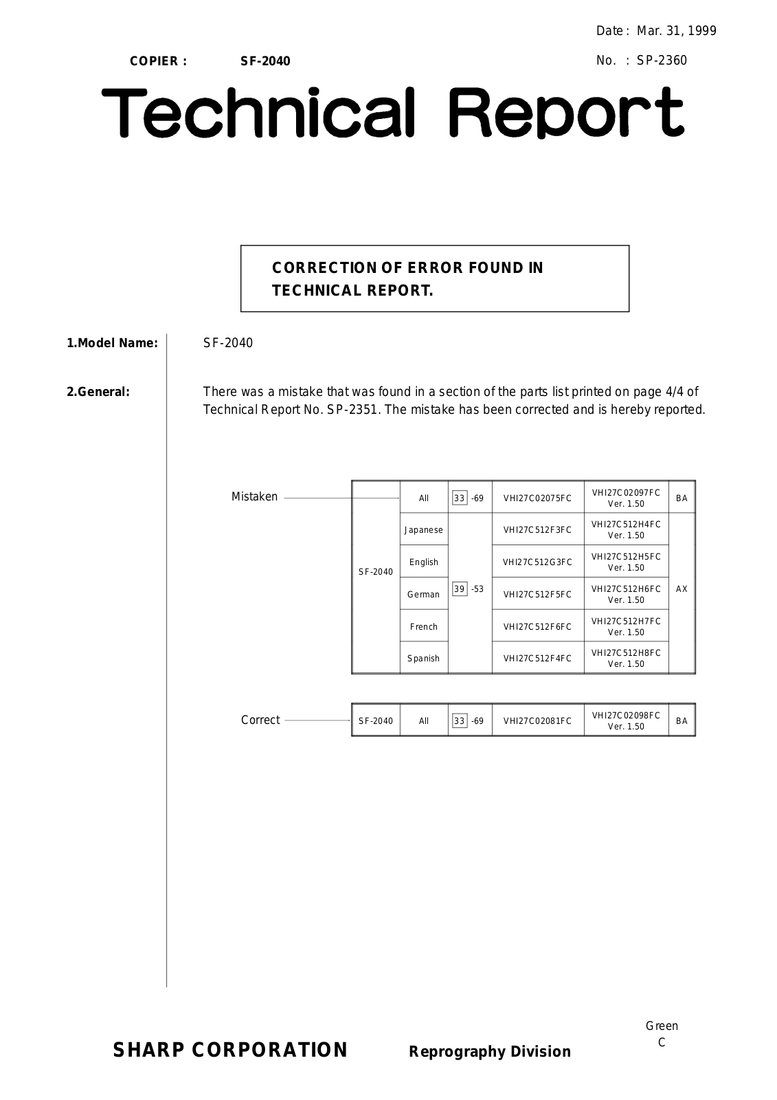 SHARP SP2360 Technical Report