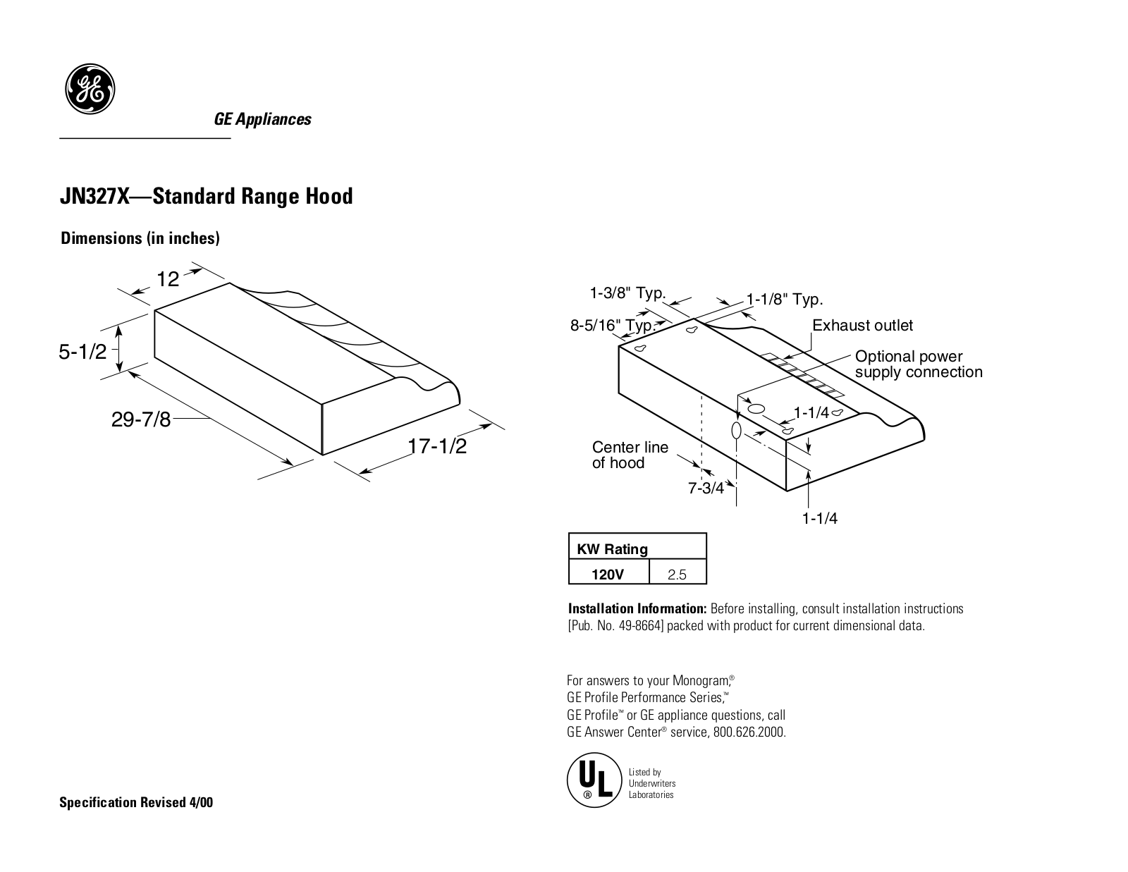 GE JN327X Specification