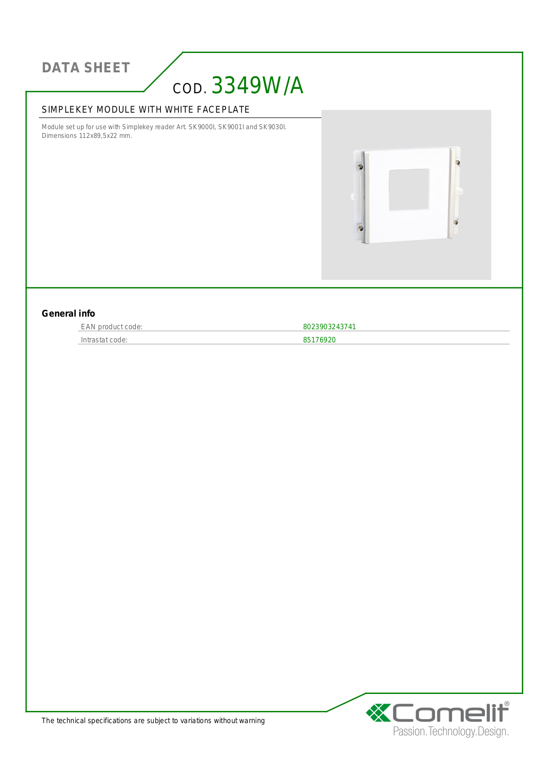 Comelit 3349W-A Specsheet