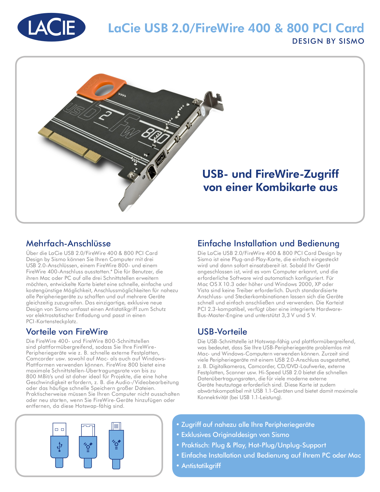 Lacie FIREWIRE 400 USB 2.0 PCI CARD, 800 USB 2.0 PCI CARD DATASHEET