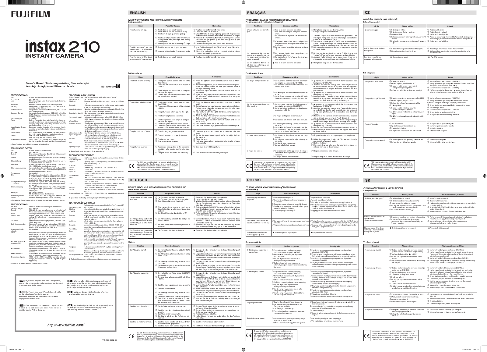 Fujifilm Instax 210 Operating Instructions