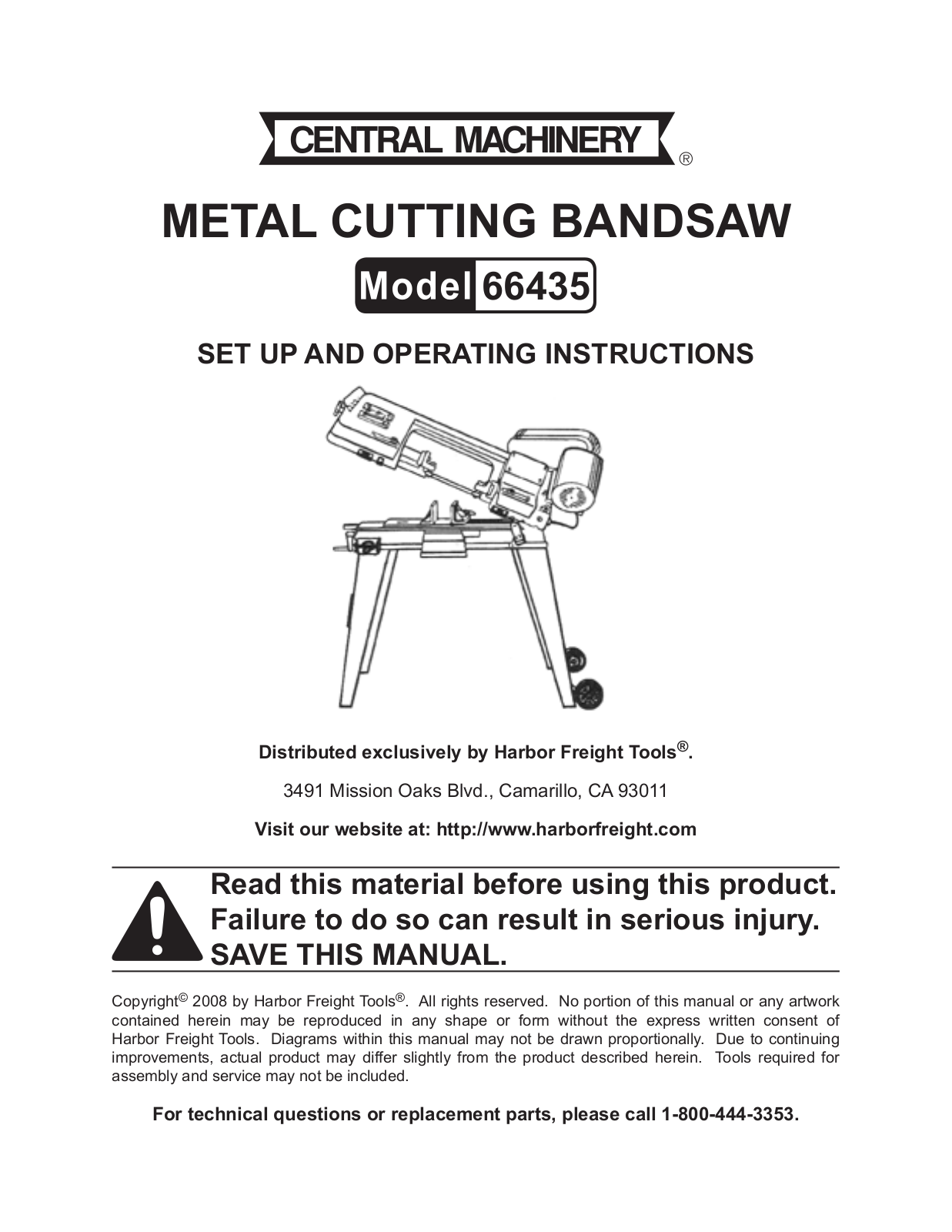 Central Machinery 66435 Set Up And Operating Instructions Manual