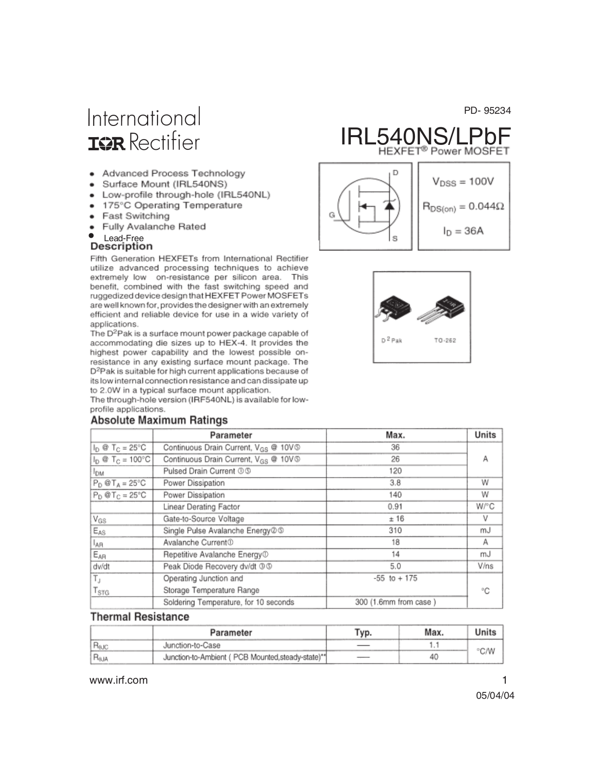 Datasheet IRL 540NS Datasheet - ManualMachine.com