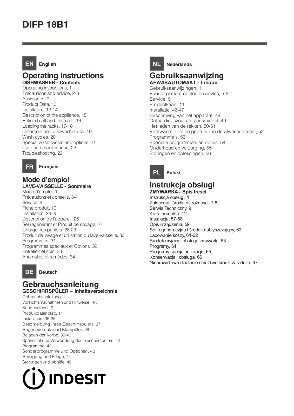 INDESIT DIFP 18B1 A EU User Manual