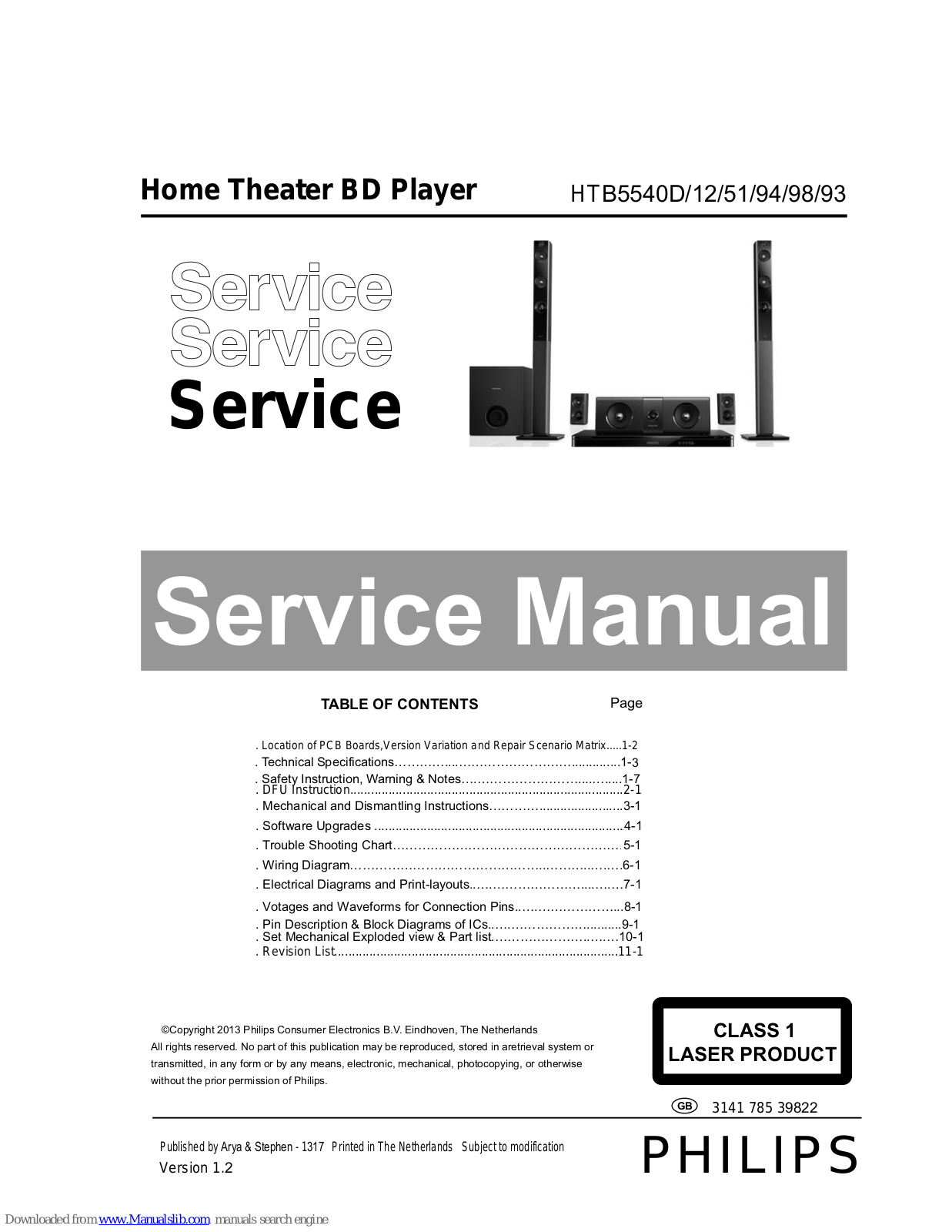 Philips HTB5540D/12, HTB5540D/51, HTB5540D/93, HTB5540D/94, HTB5540D/98 Service Manual