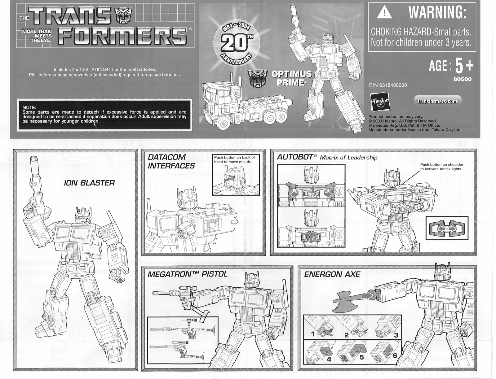 Hasbro TRANSFORMERS 20TH ANNIVERSARY OPTIMUS PRIME User Manual