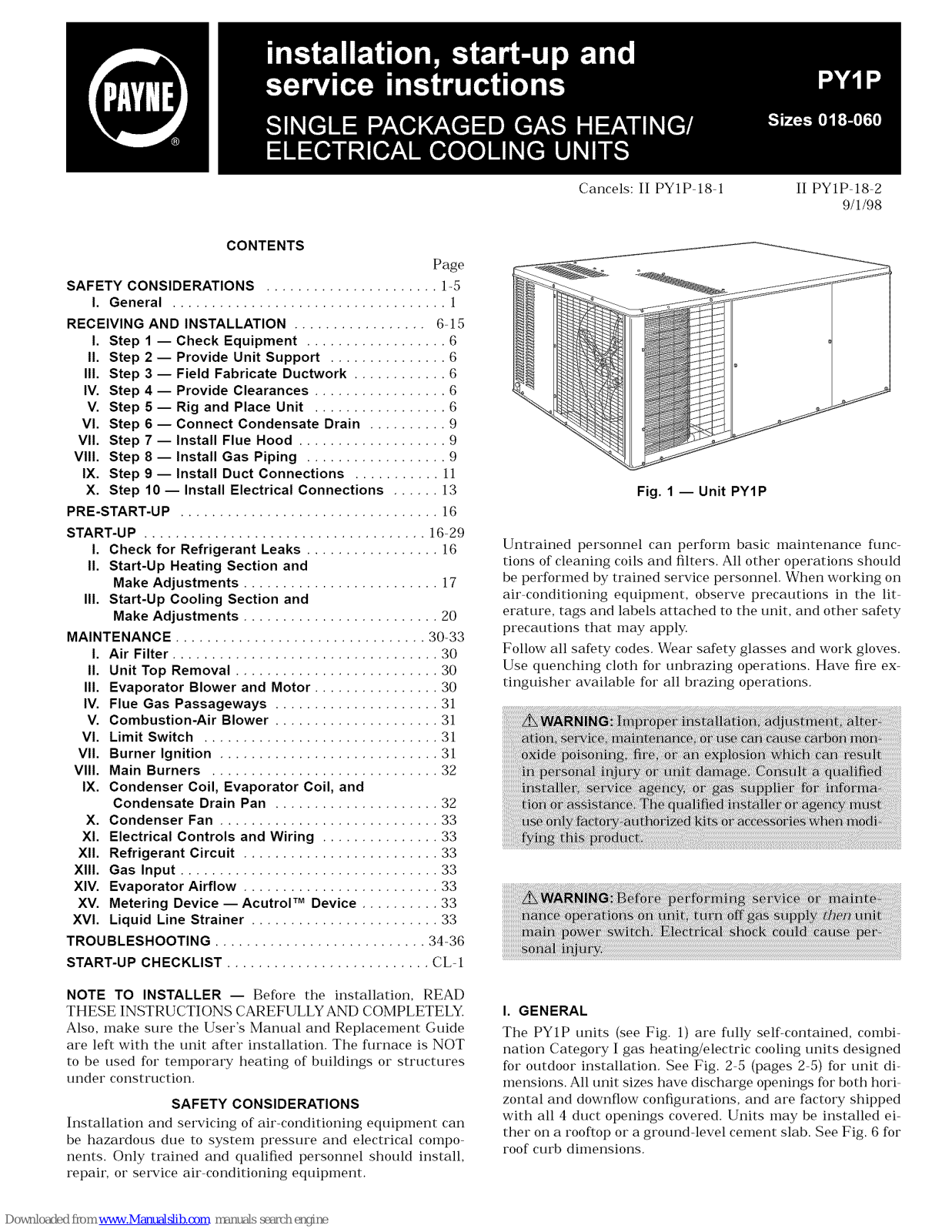Payne PYIP024060, PY1P024040, PYIP030060, PY1P030040, PYIP030080 Installation, Start-up And Service Instructions Manual - ManualMachine.com