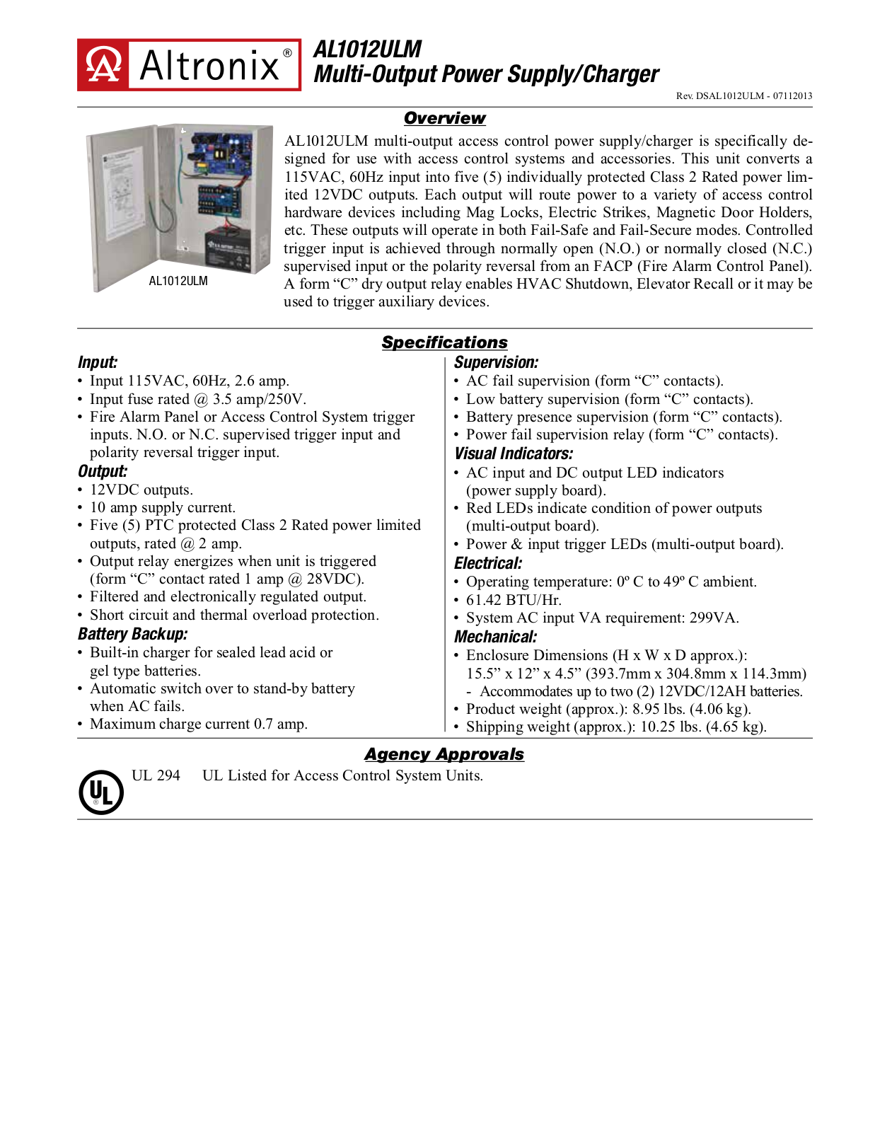 Altronix AL1012ULM Specsheet