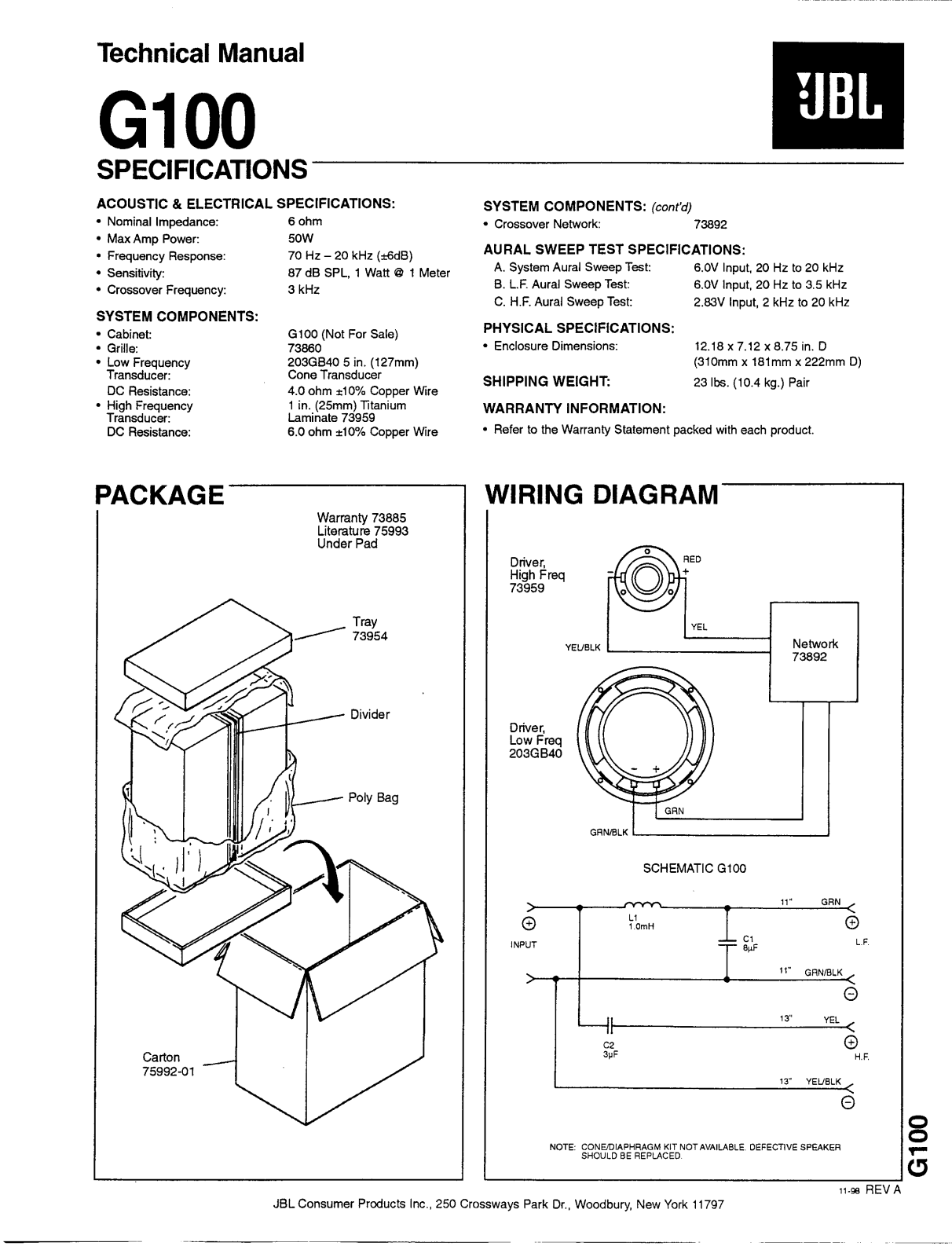 JBL G100 Service Manual