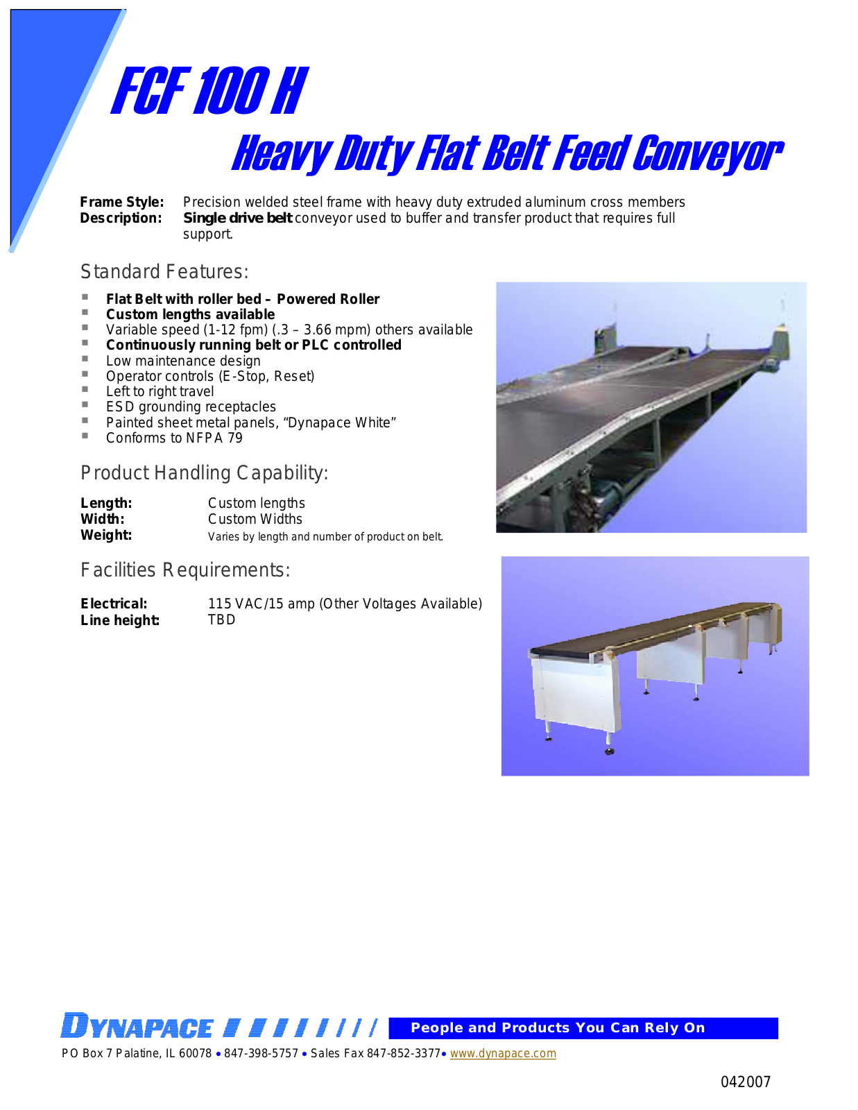 DYNAPACE Heavy Duty Flat Belt Transfer Conveyor User Manual