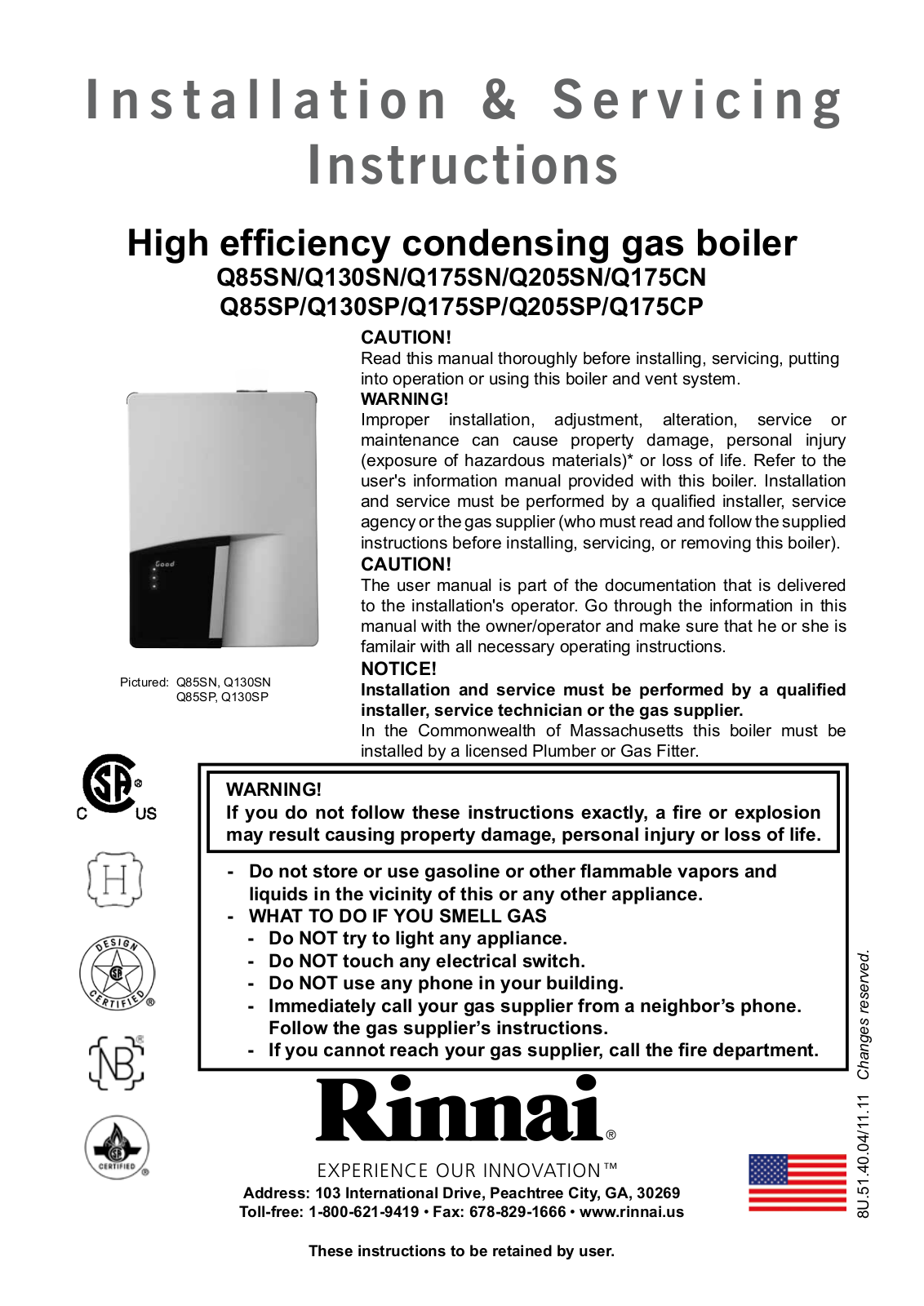 Rinnai Q85SN, Q85SP, Q130SN, Q130SP, Q175SN Installation Manual