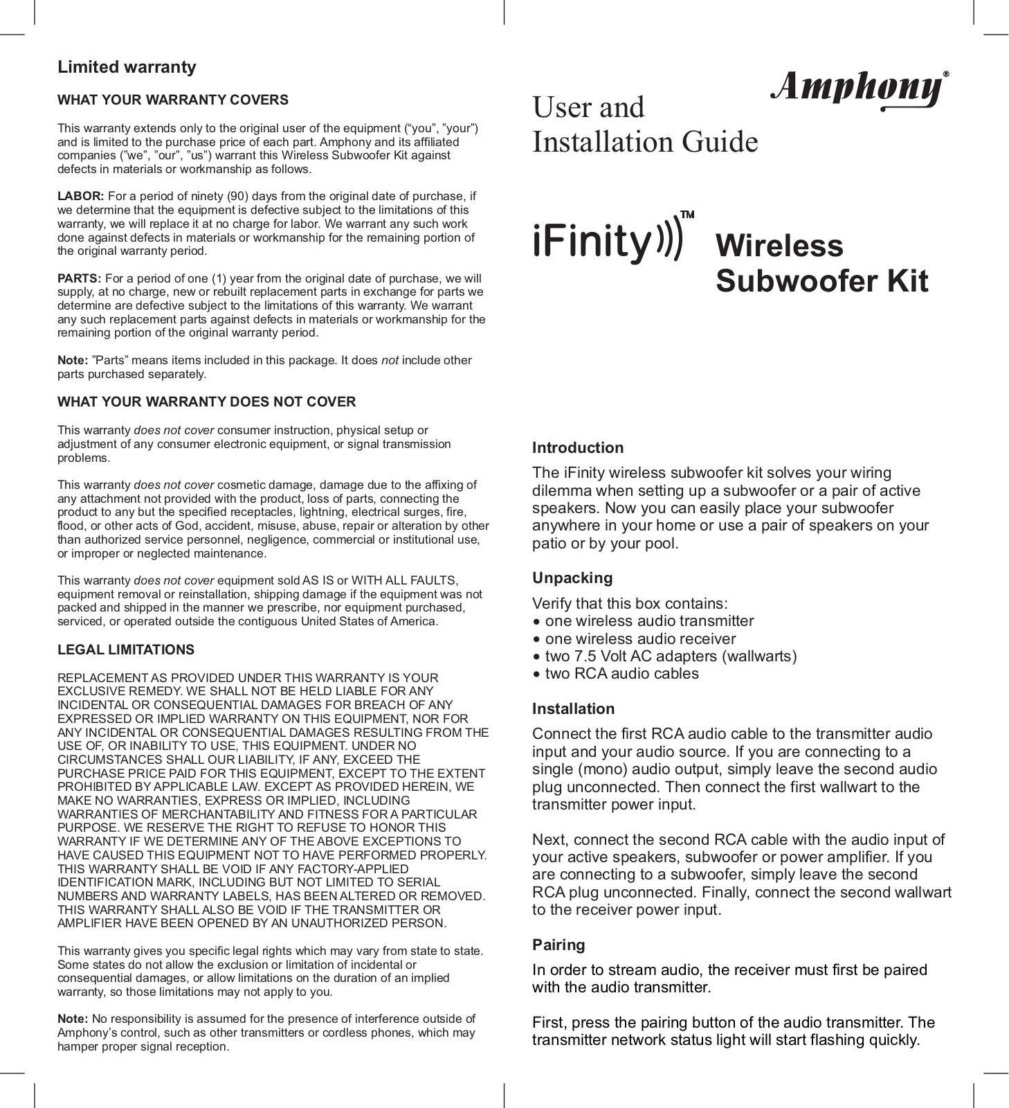 Amphony TX2, RX2 Users Manual