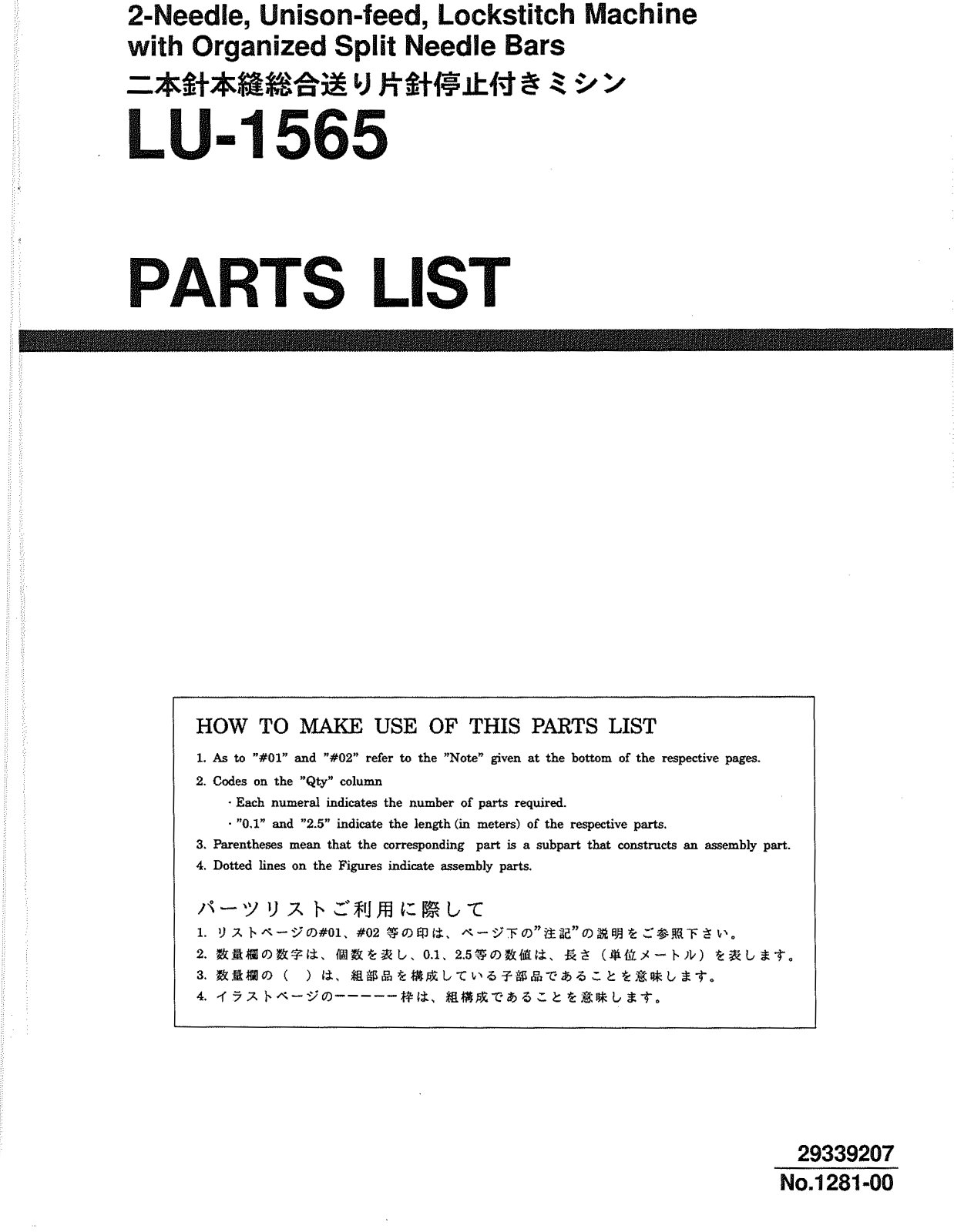 JUKI LU-1565 Parts List