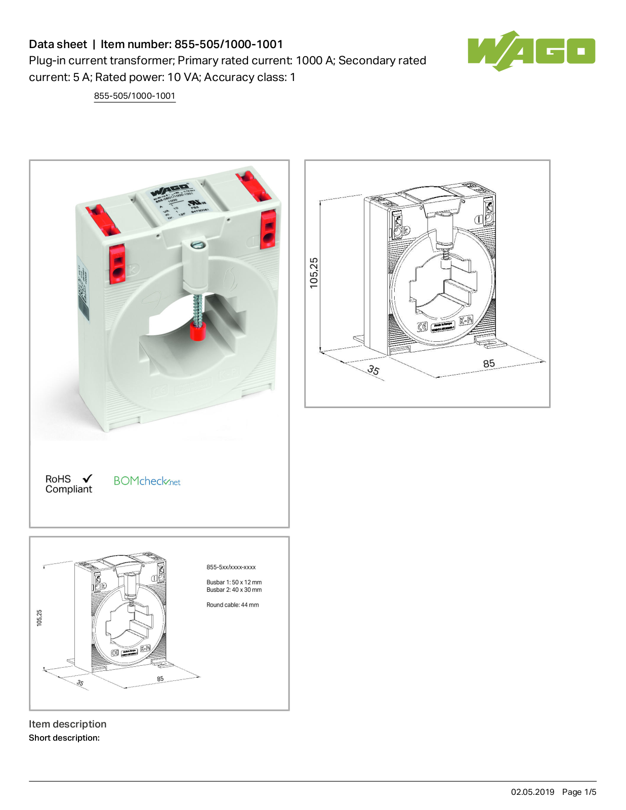 Wago 855-505/1000-1001 Data Sheet