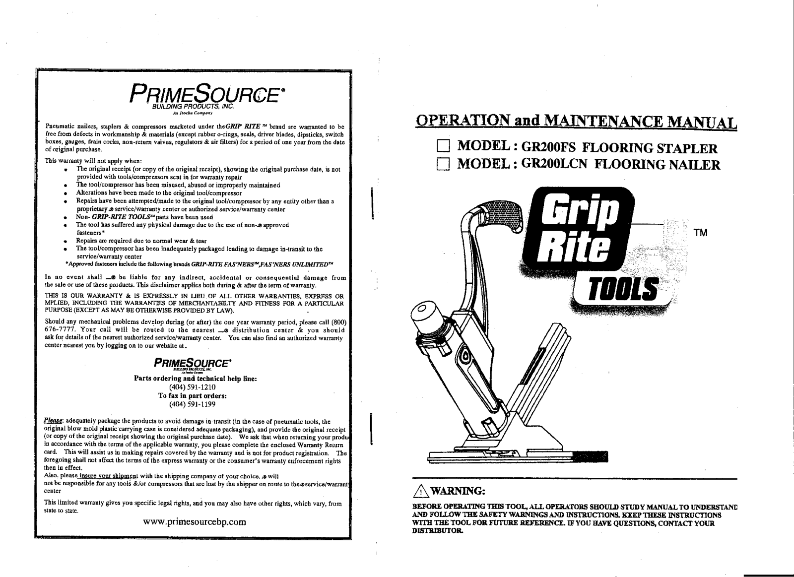 Prime Source Grip Rite GR200FS, Grip Rite GR200LCN Operation And Maintenance Manual