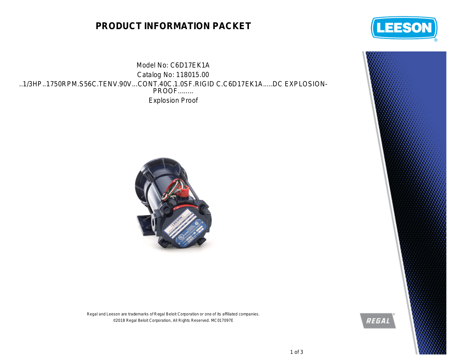 Leeson 118015.00 Product Information Packet